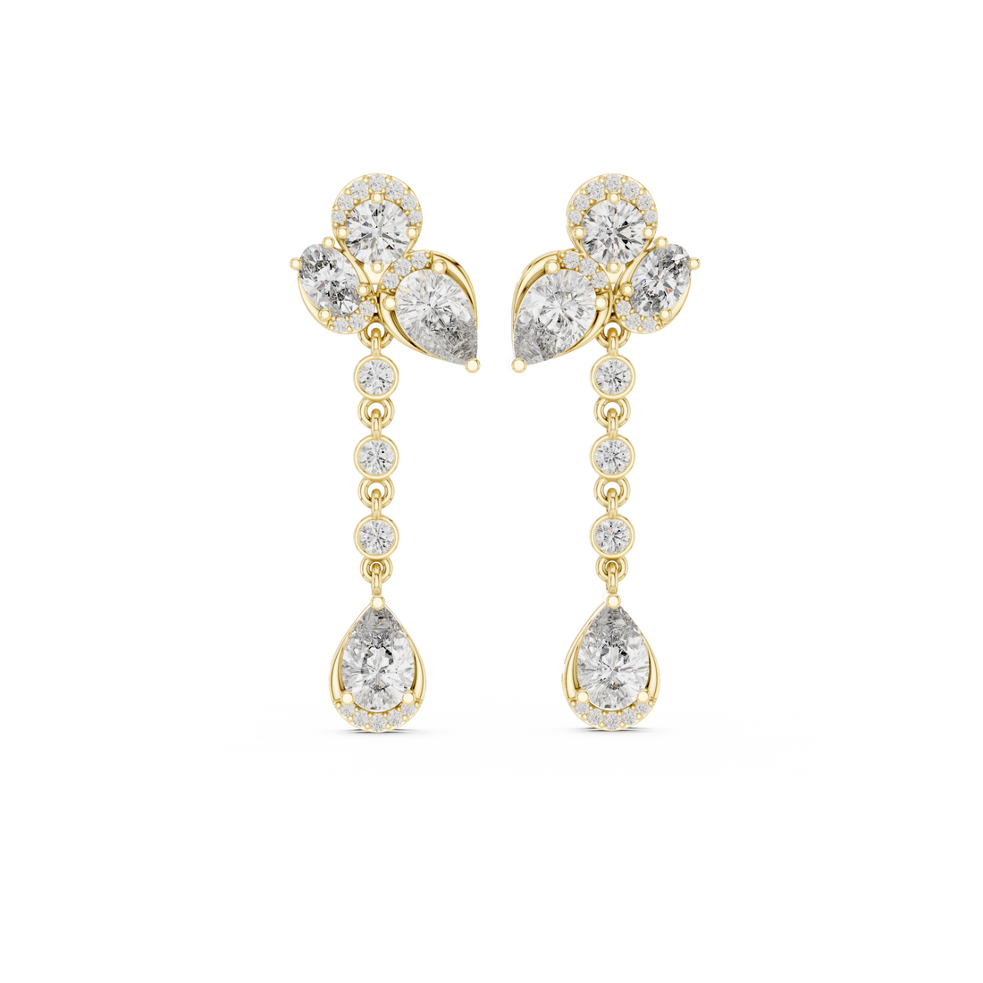 High shine round oval and pear diamond halo chain drop earrings