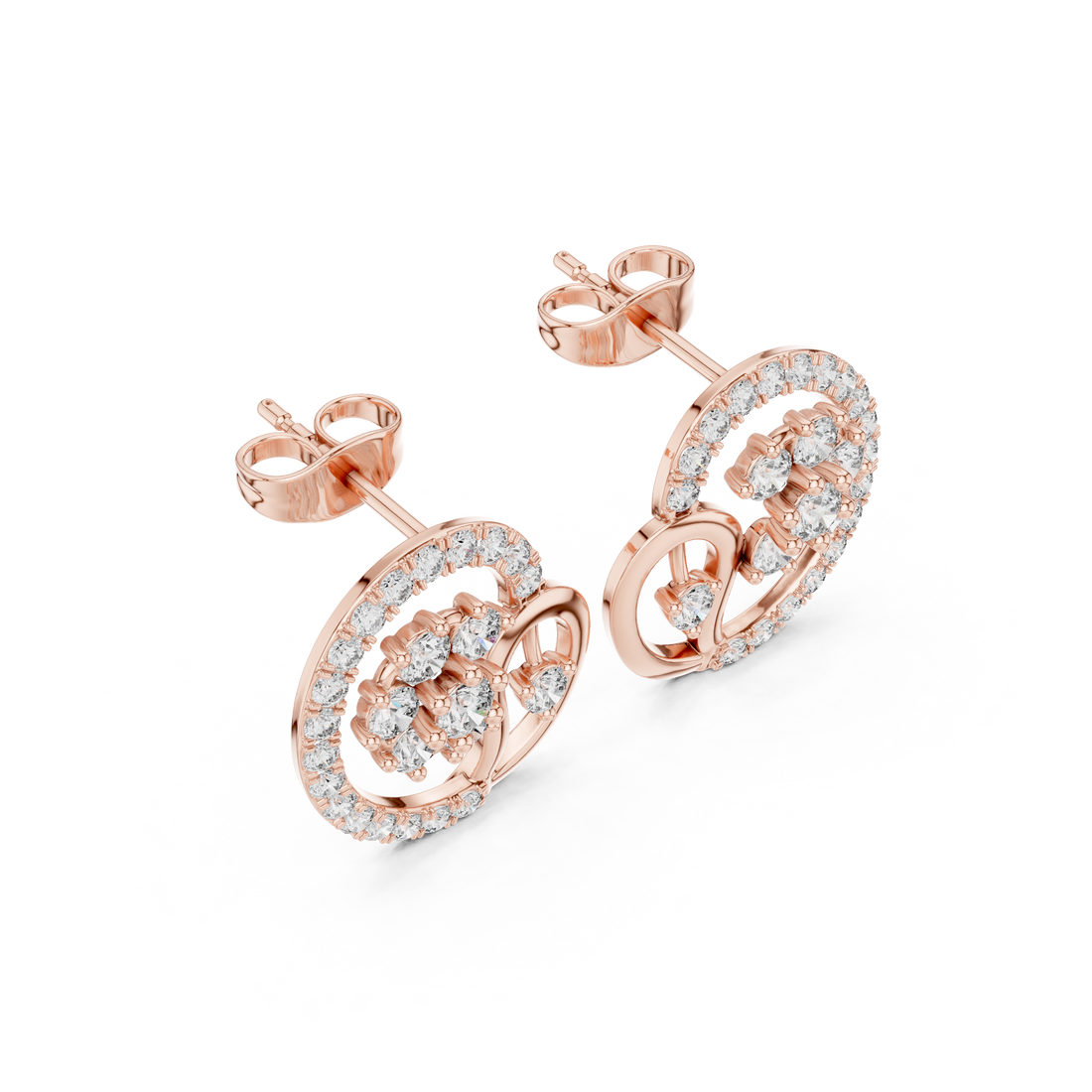 Swirl cluster stud earrings with round diamond halo detail