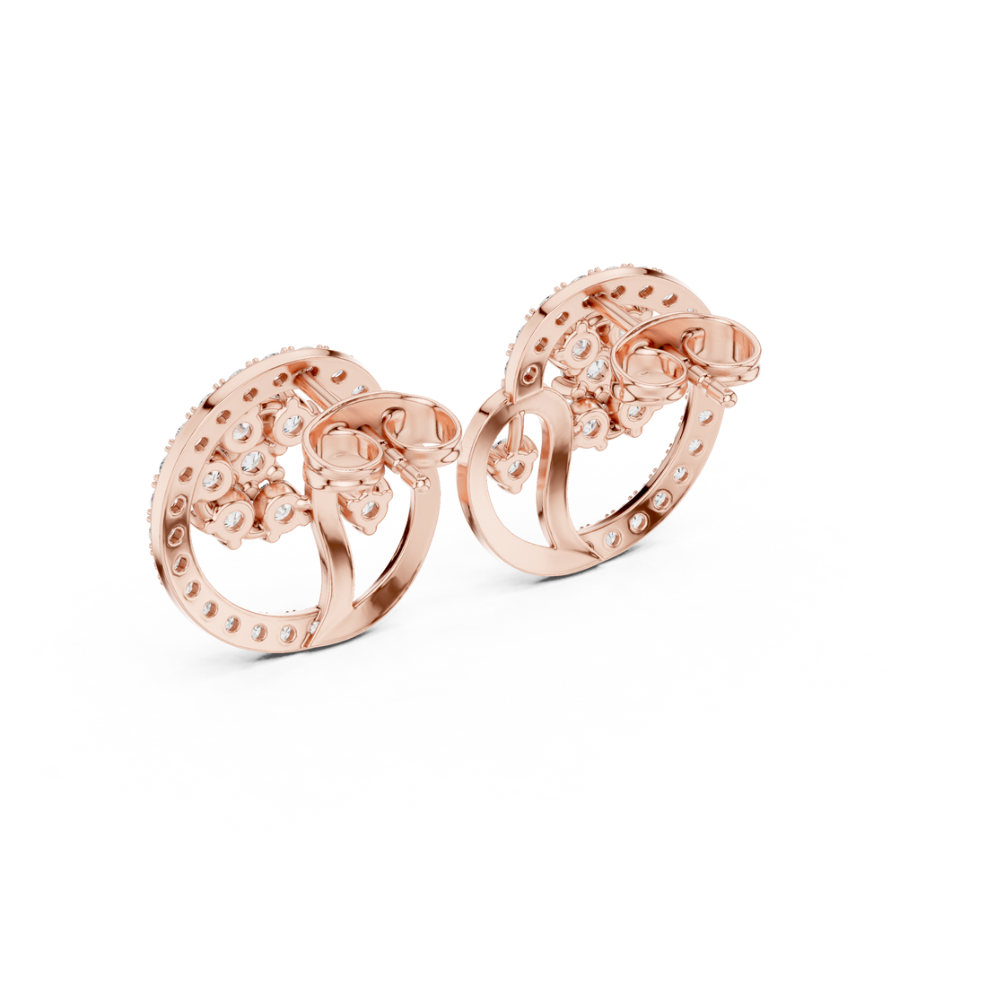 Elegant round diamond halo swirl cluster stud earrings close-up
