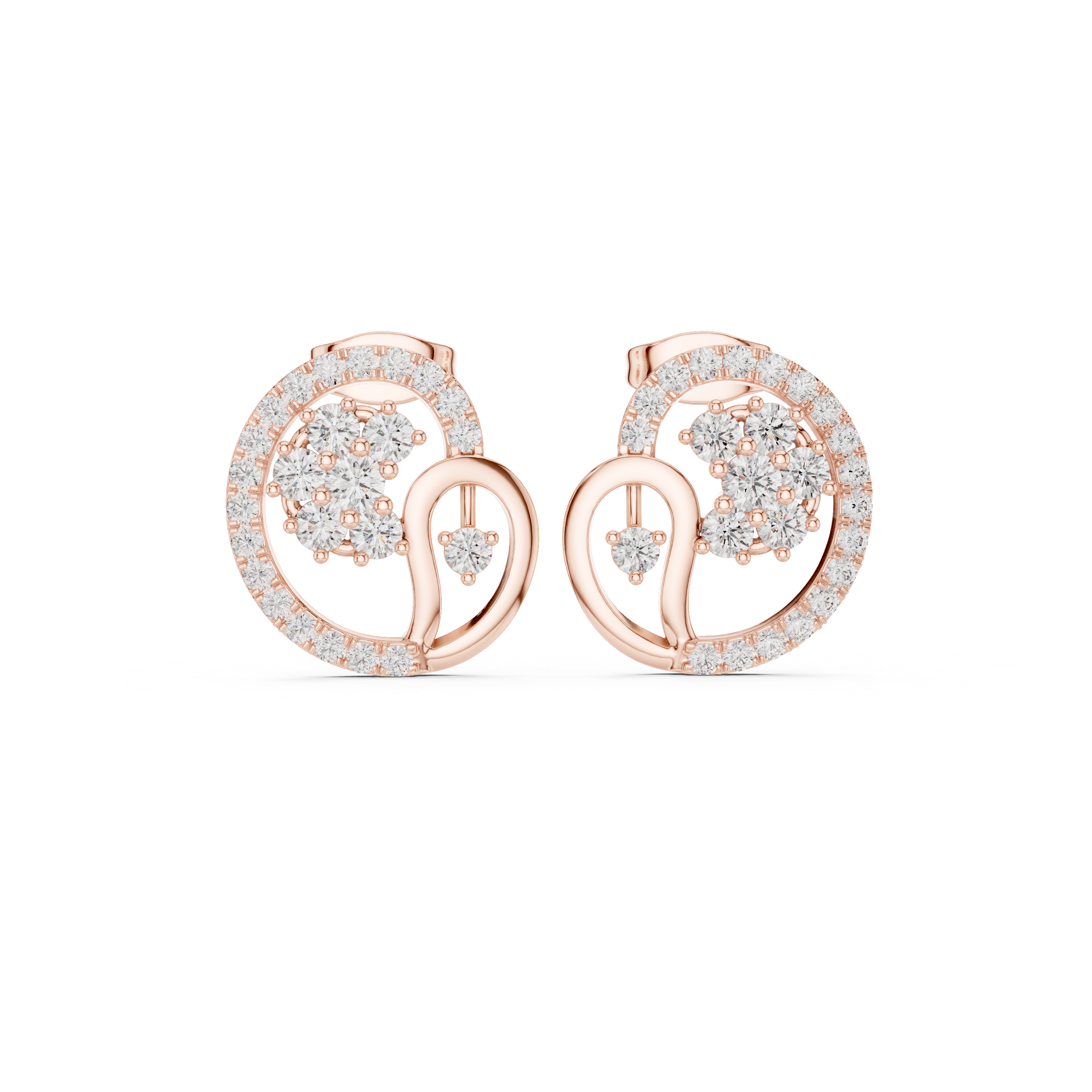 Round diamond halo swirl cluster stud earrings elegant design