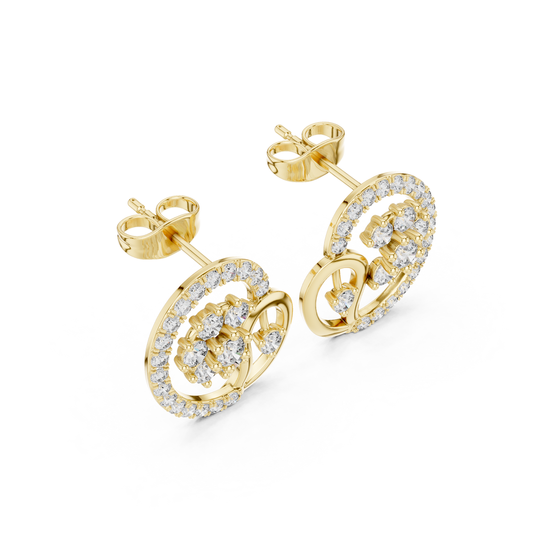 Brilliant round diamond halo swirl cluster earrings shine detail