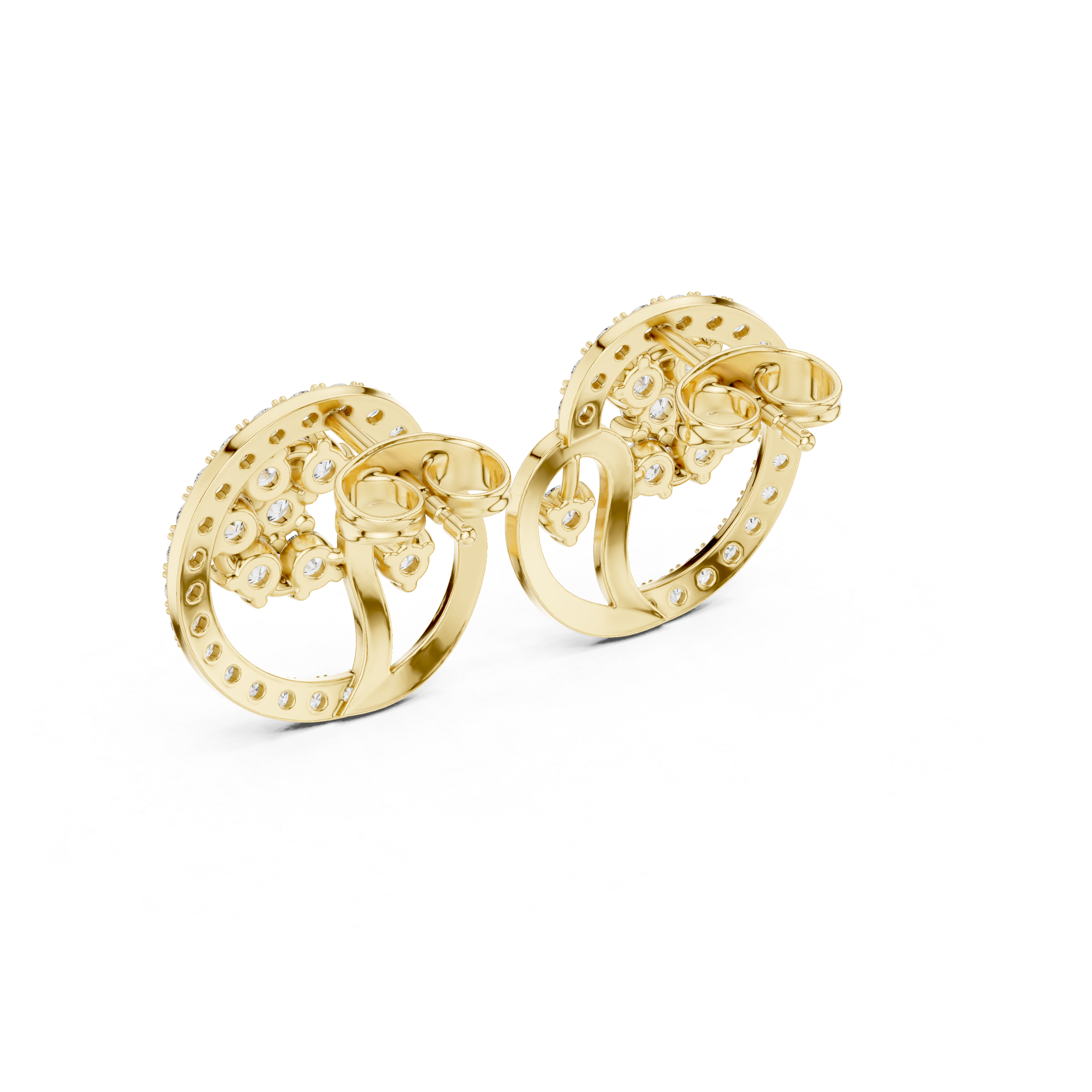 Round diamond swirl cluster stud earrings with halo modern design