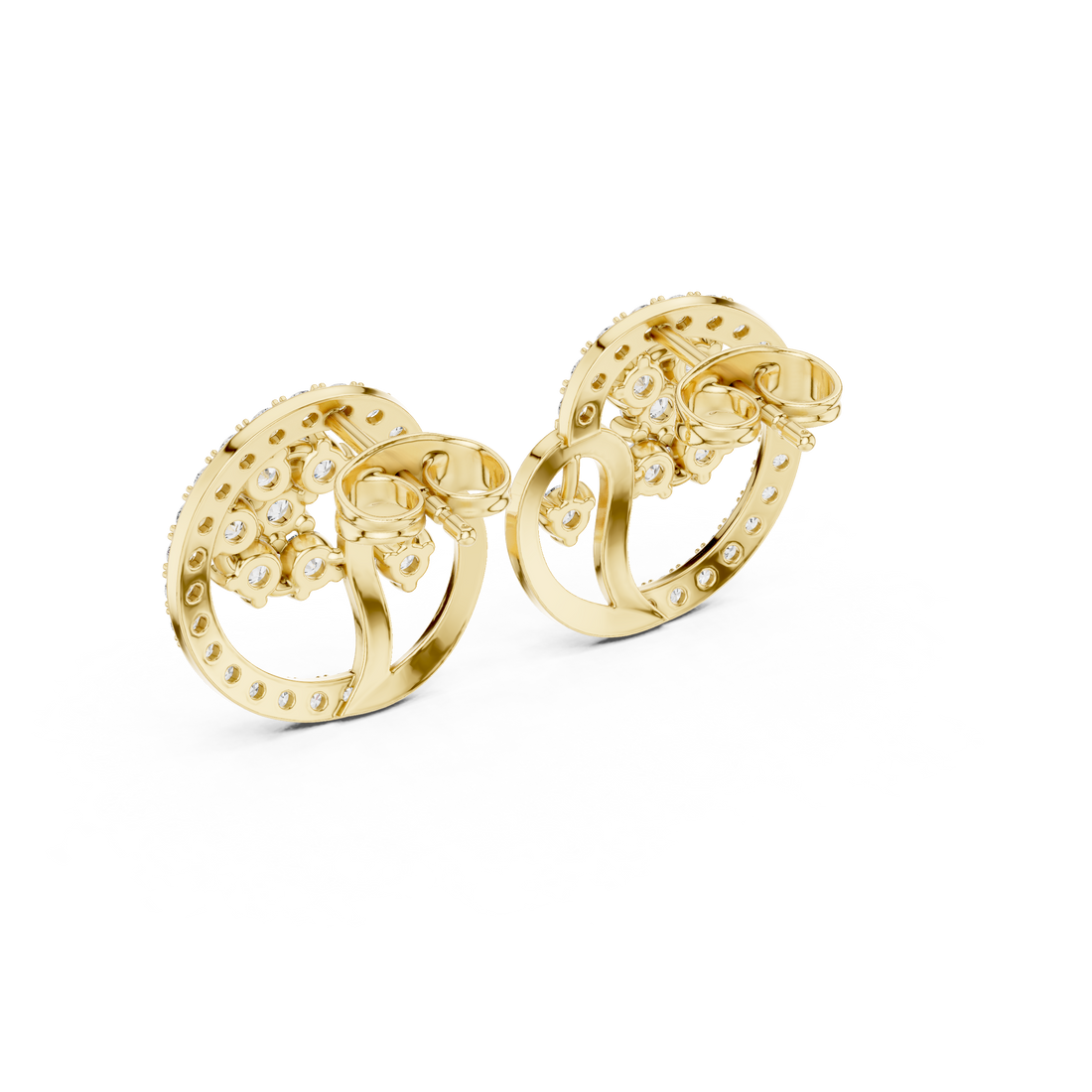 Round diamond swirl cluster stud earrings with halo modern design