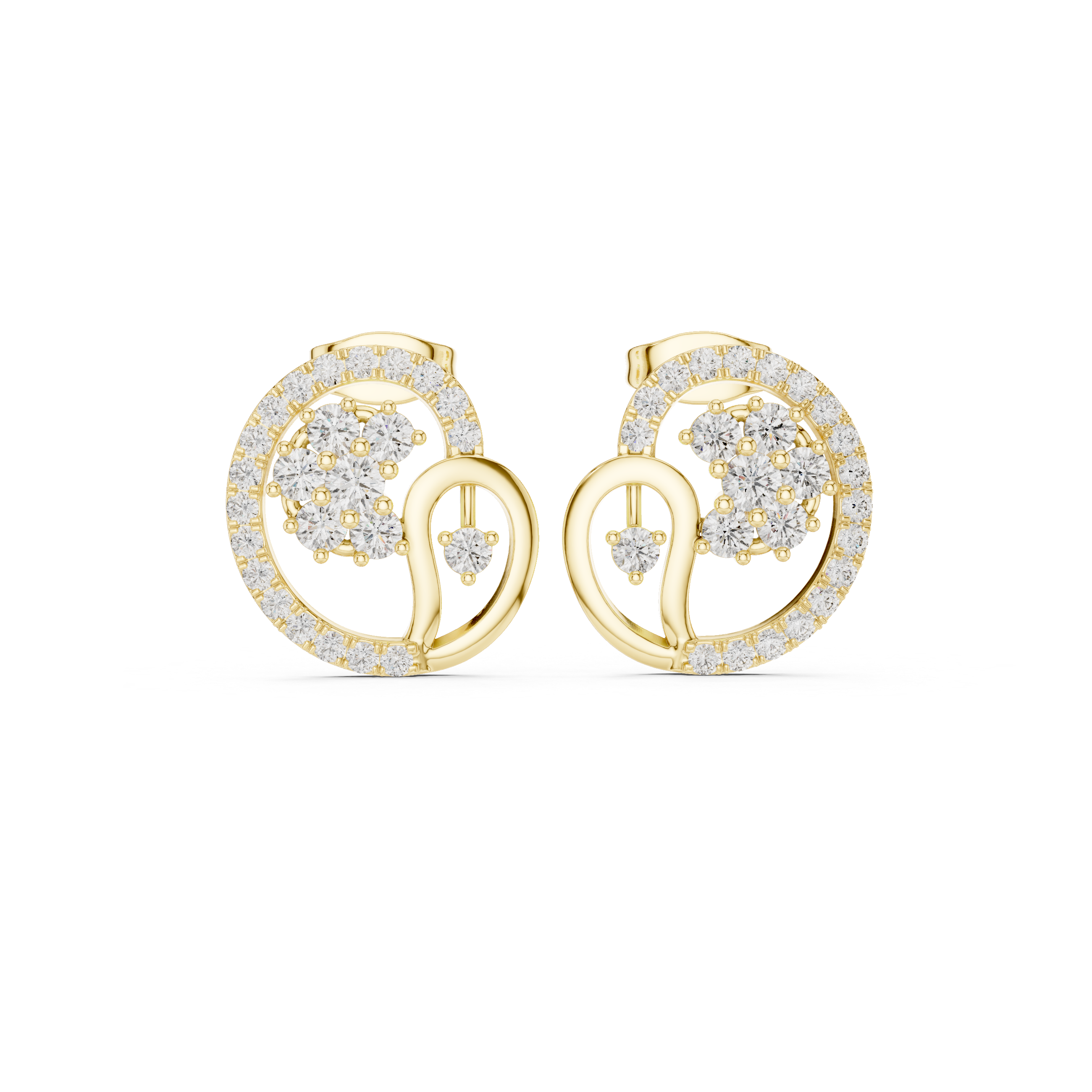 High shine round diamond halo swirl cluster stud earrings