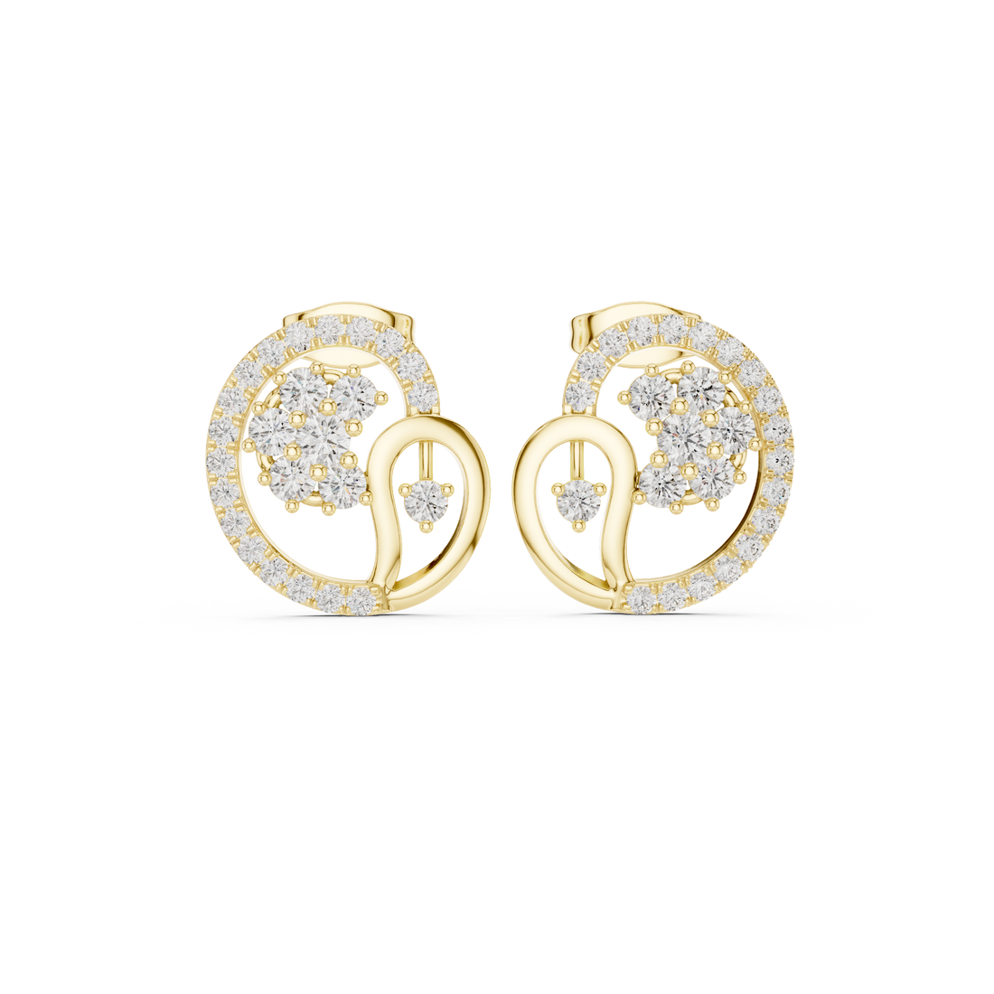 High shine round diamond halo swirl cluster stud earrings