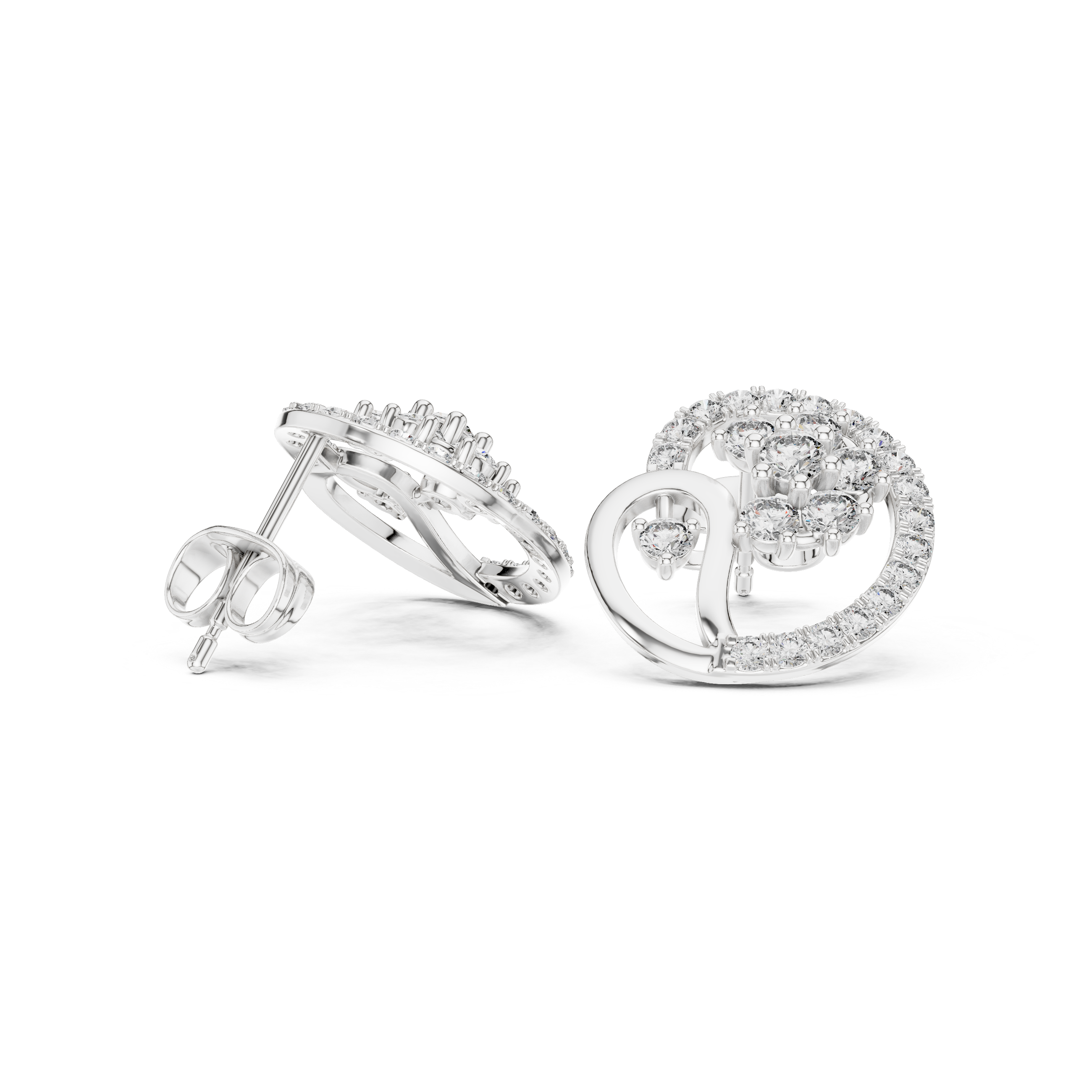 Close-up of round diamond halo swirl cluster stud earrings detail