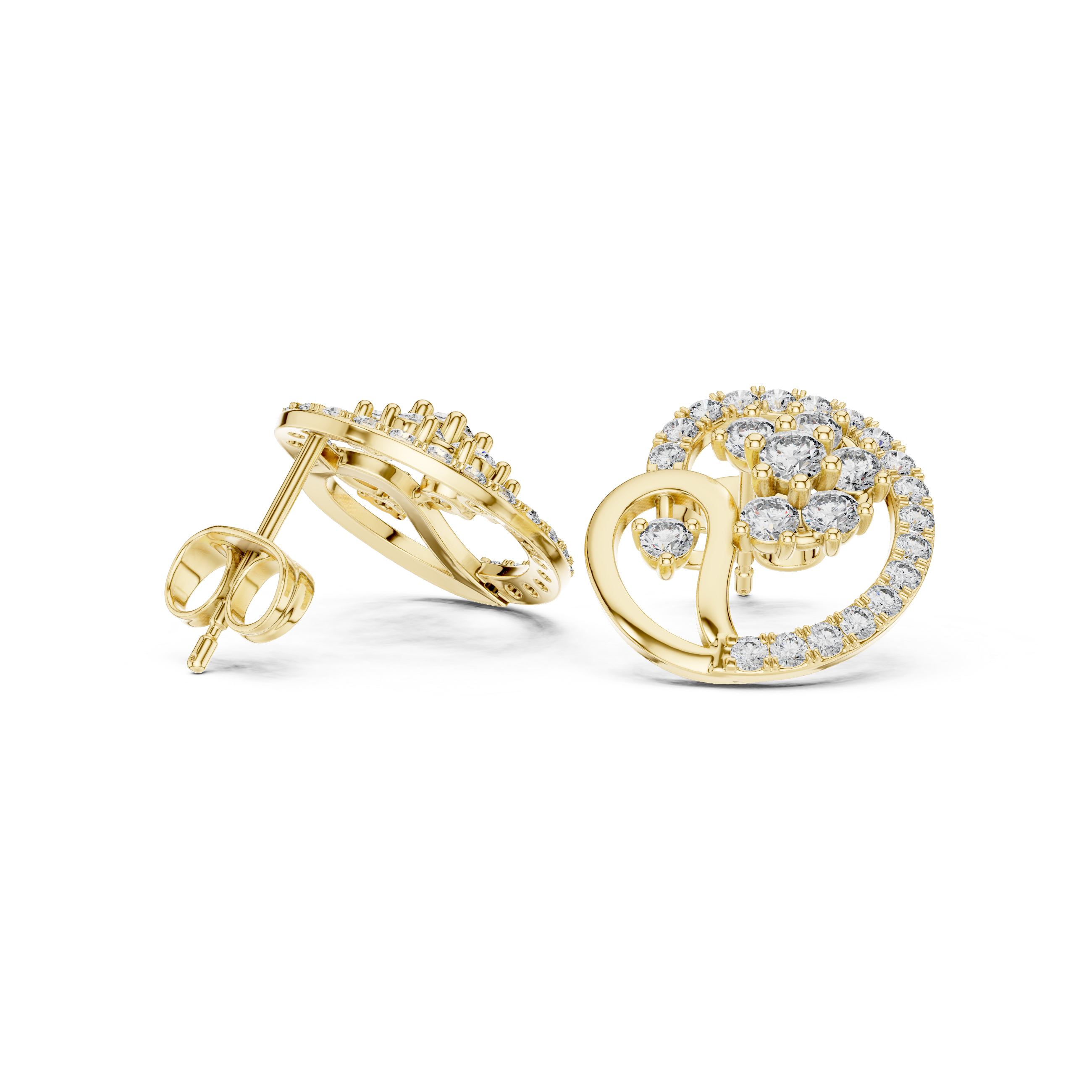 Premium round diamond halo swirl cluster stud earrings modern style