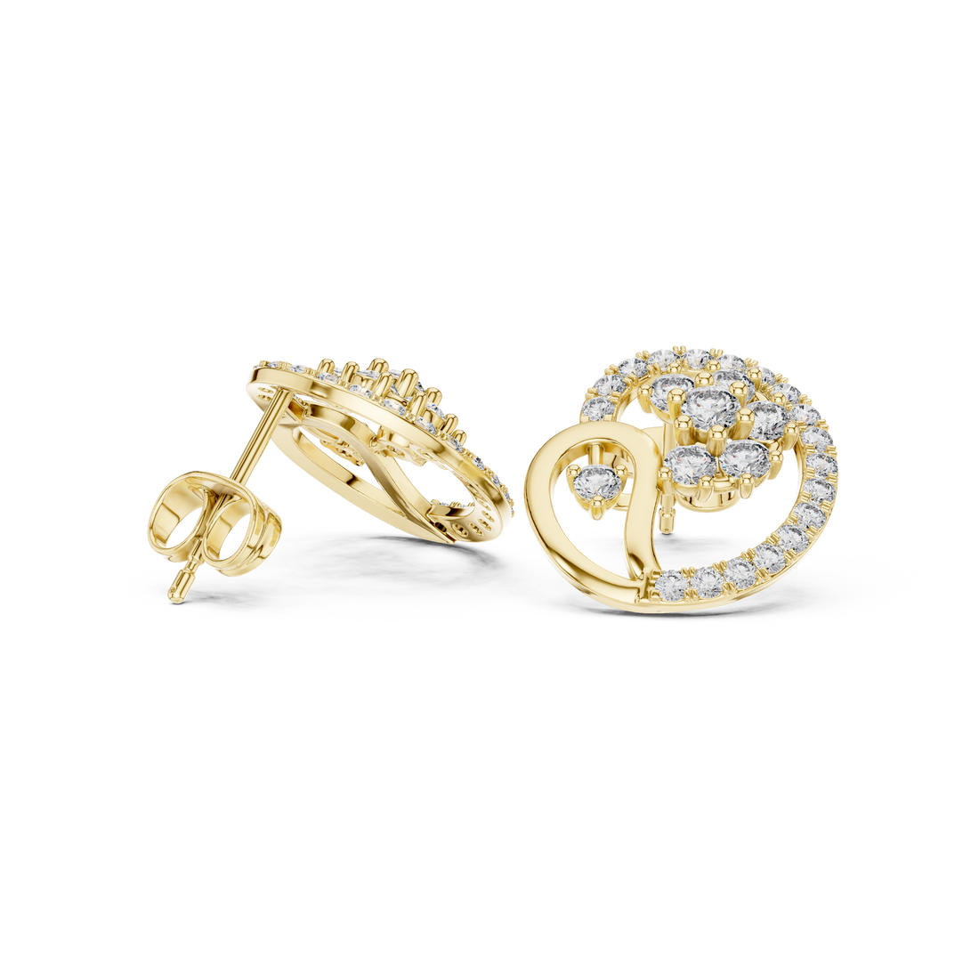 Premium round diamond halo swirl cluster stud earrings modern style