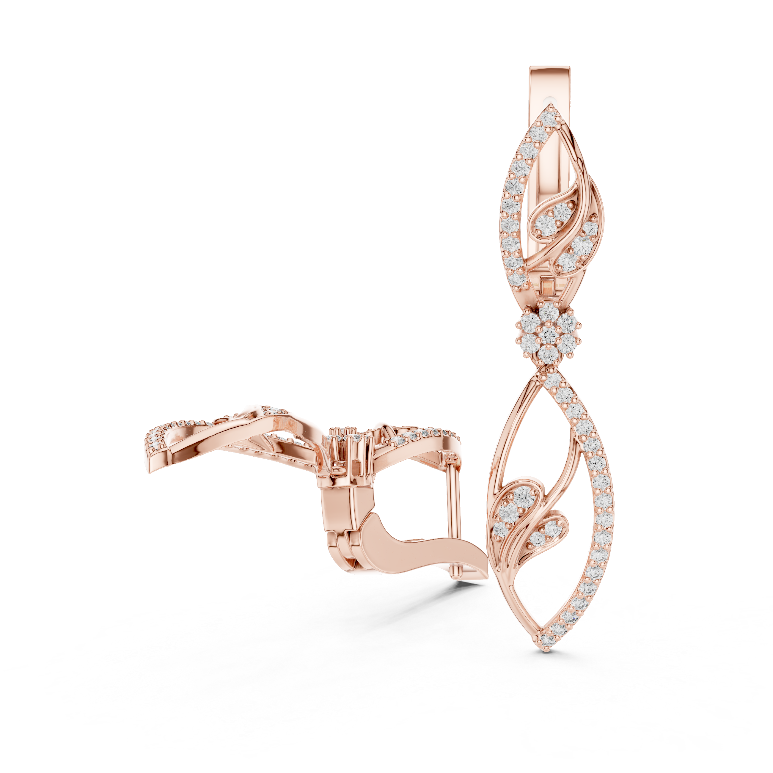 Marquise Leaf Pavé Diamond Floral Drop Earrings with Sculpted Openwork Silhouette