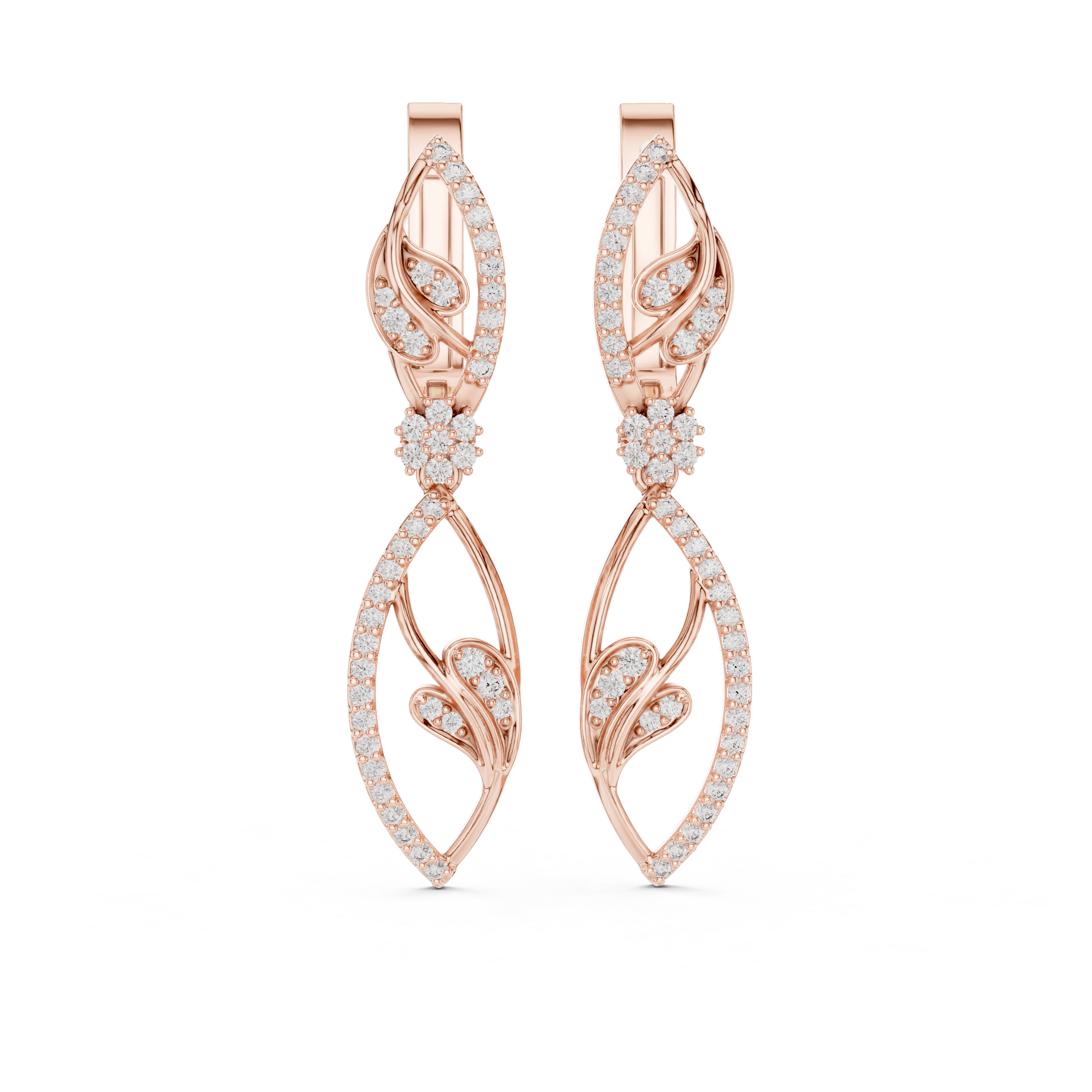 Marquise Leaf Pavé Diamond Floral Drop Earrings with Sculpted Openwork Silhouette