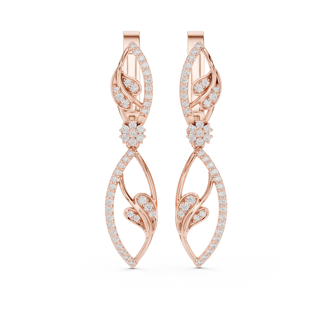 Marquise Leaf Pavé Diamond Floral Drop Earrings with Sculpted Openwork Silhouette