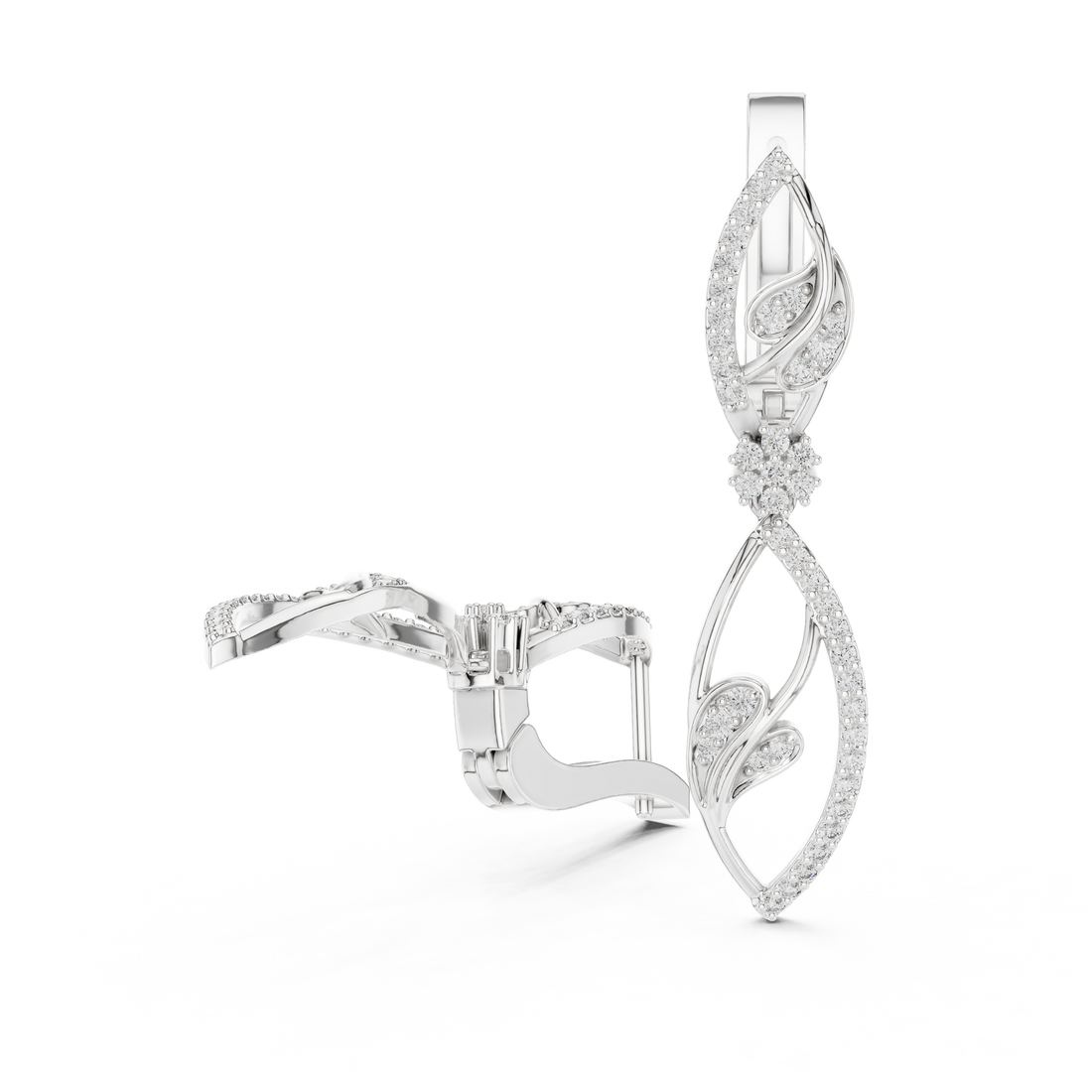 Marquise Leaf Pavé Diamond Floral Drop Earrings with Sculpted Openwork Silhouette