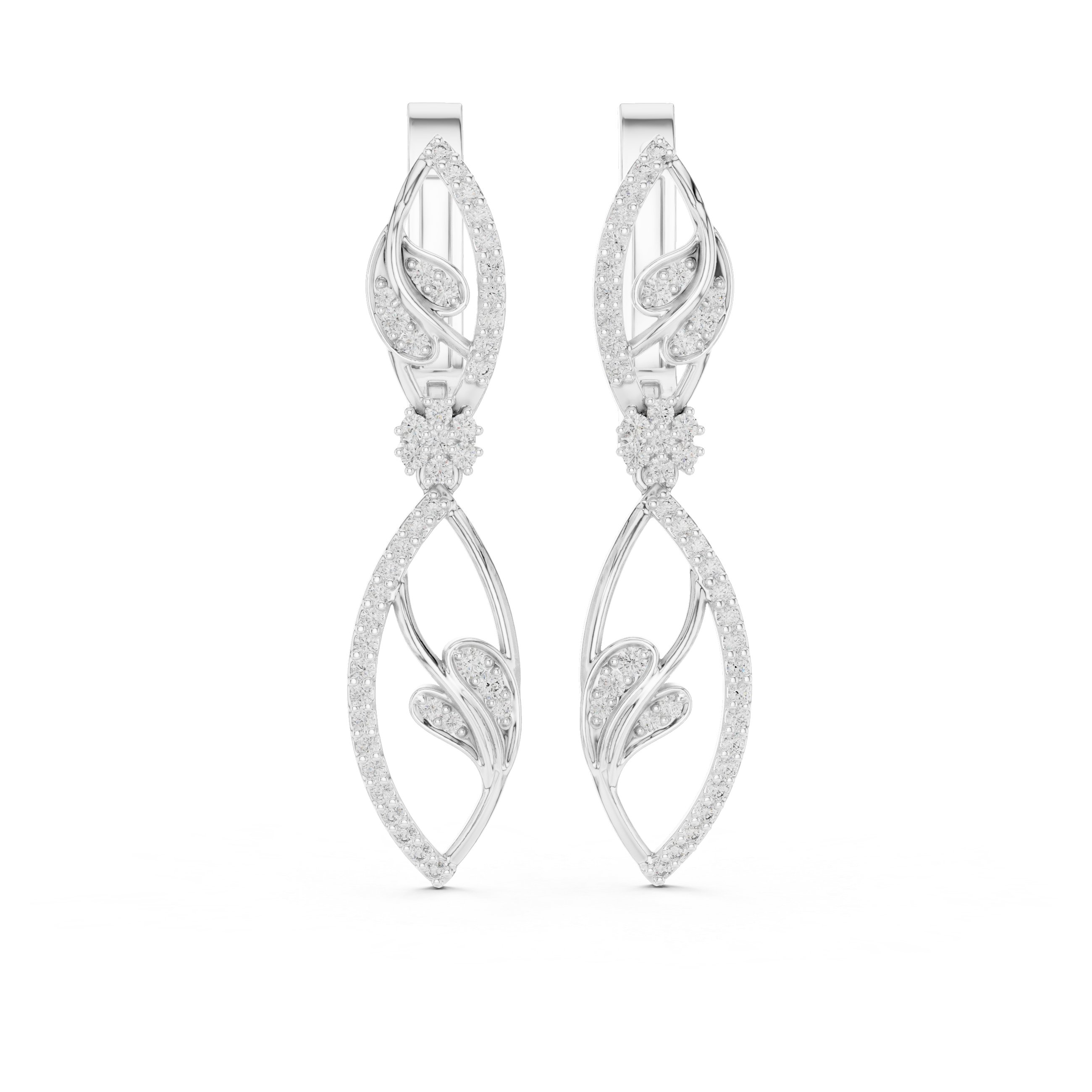 Marquise Leaf Pavé Diamond Floral Drop Earrings with Sculpted Openwork Silhouette