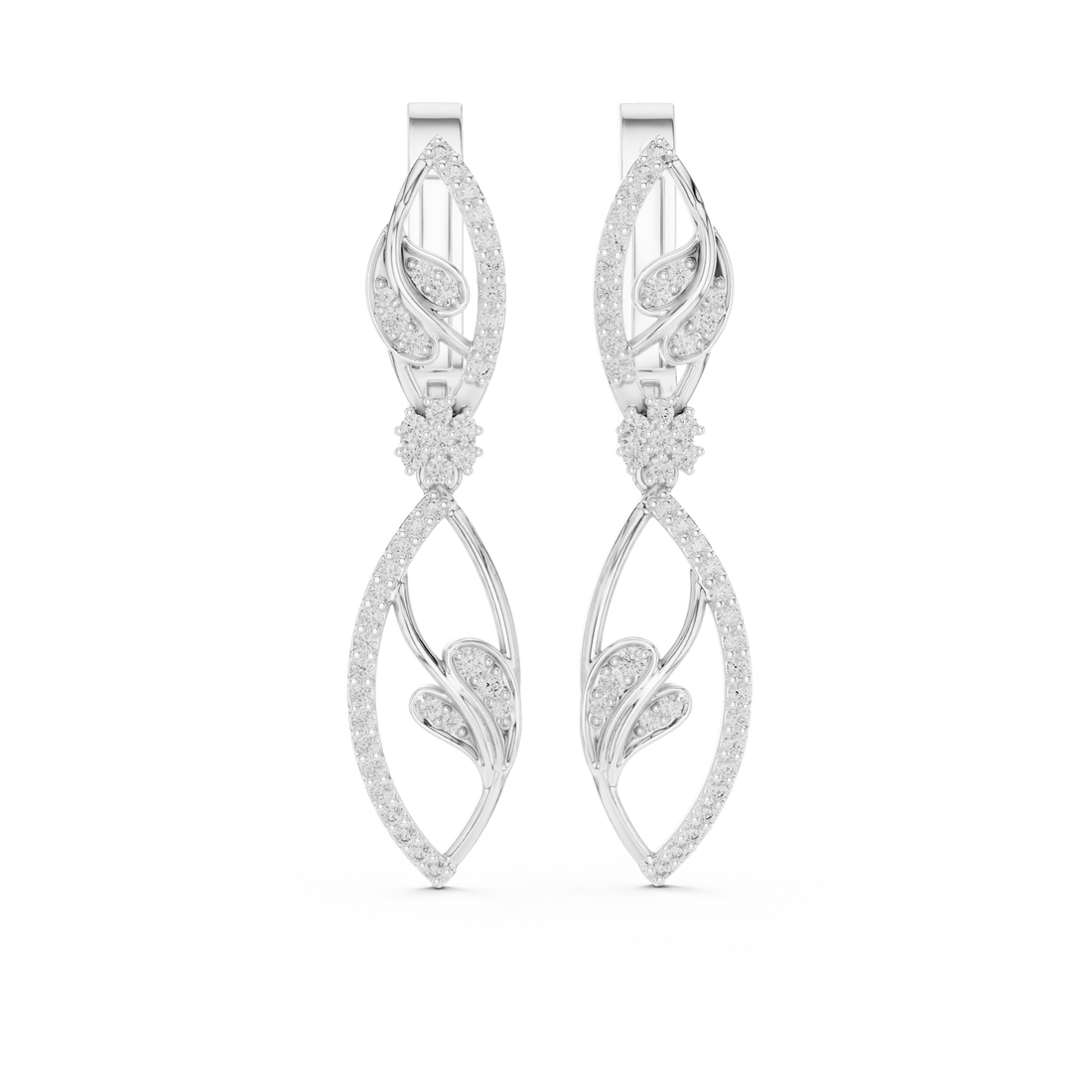 Marquise Leaf Pavé Diamond Floral Drop Earrings with Sculpted Openwork Silhouette