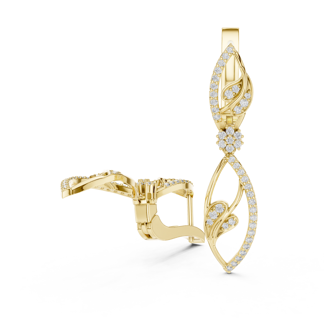 Marquise Leaf Pavé Diamond Floral Drop Earrings with Sculpted Openwork Silhouette