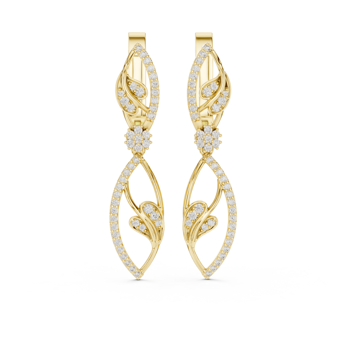 Marquise Leaf Pavé Diamond Floral Drop Earrings with Sculpted Openwork Silhouette