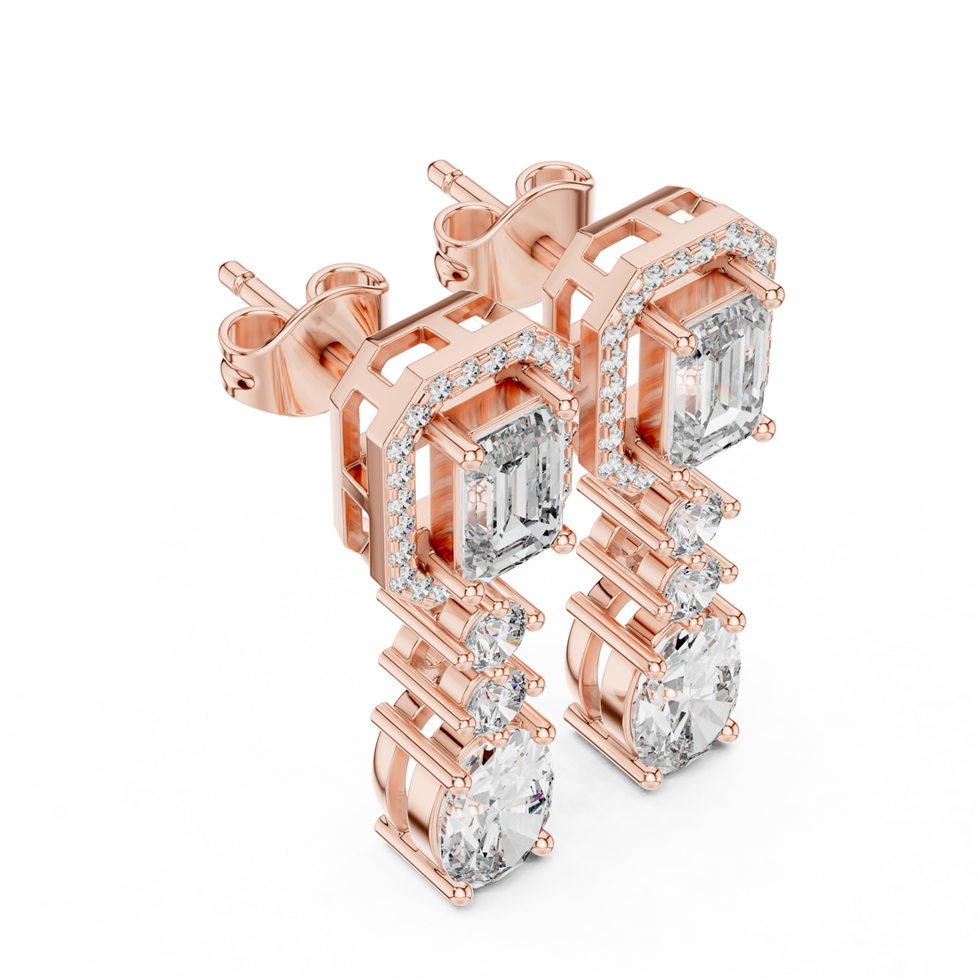 Emerald Cut and Oval Diamond Halo Three Stone Drop Earrings with Round Brilliant Accents