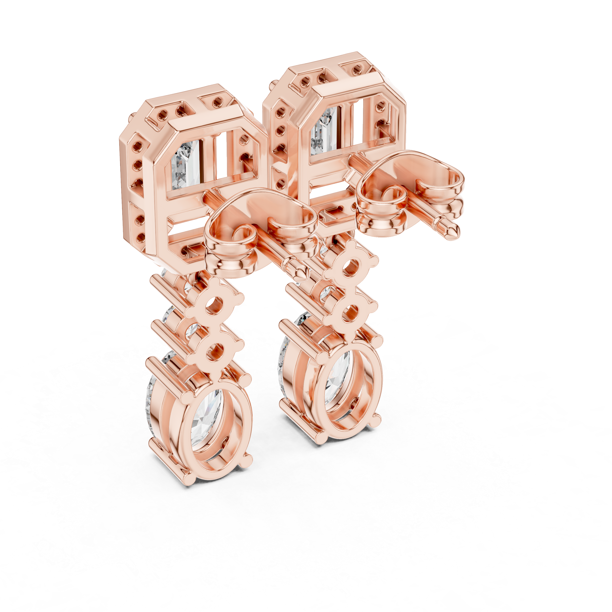 Emerald Cut and Oval Diamond Halo Three Stone Drop Earrings with Round Brilliant Accents