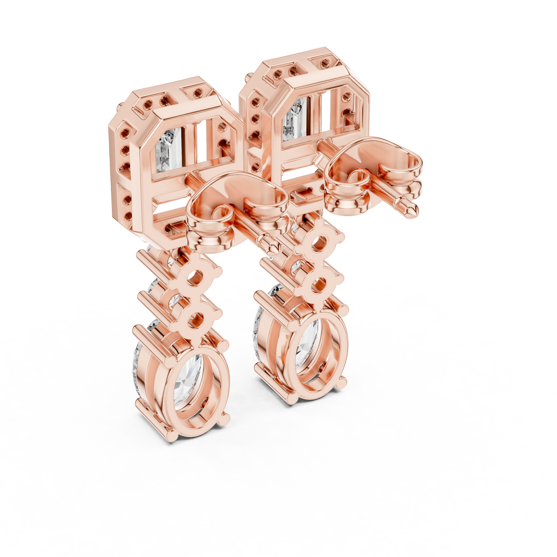 Emerald Cut and Oval Diamond Halo Three Stone Drop Earrings with Round Brilliant Accents