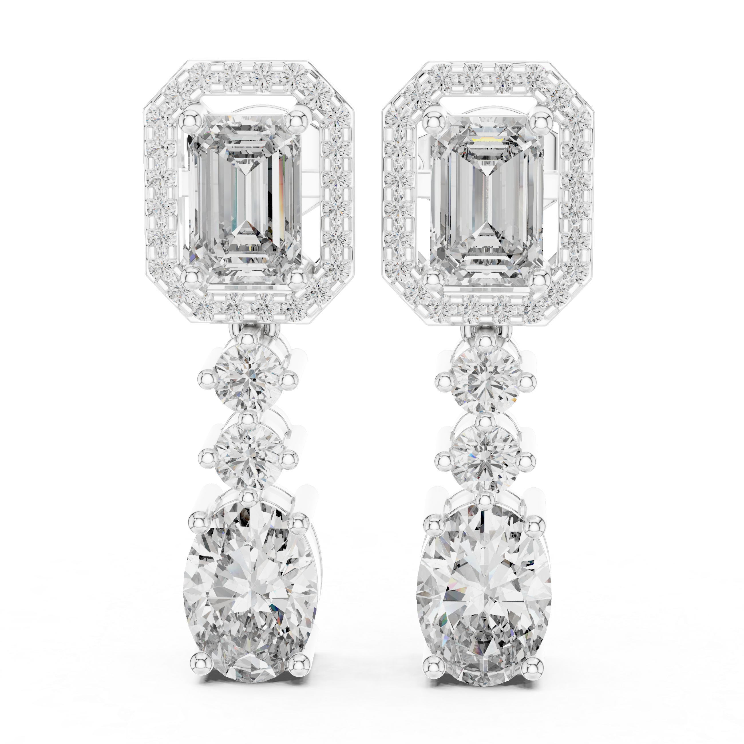 Emerald Cut and Oval Diamond Halo Three Stone Drop Earrings with Round Brilliant Accents