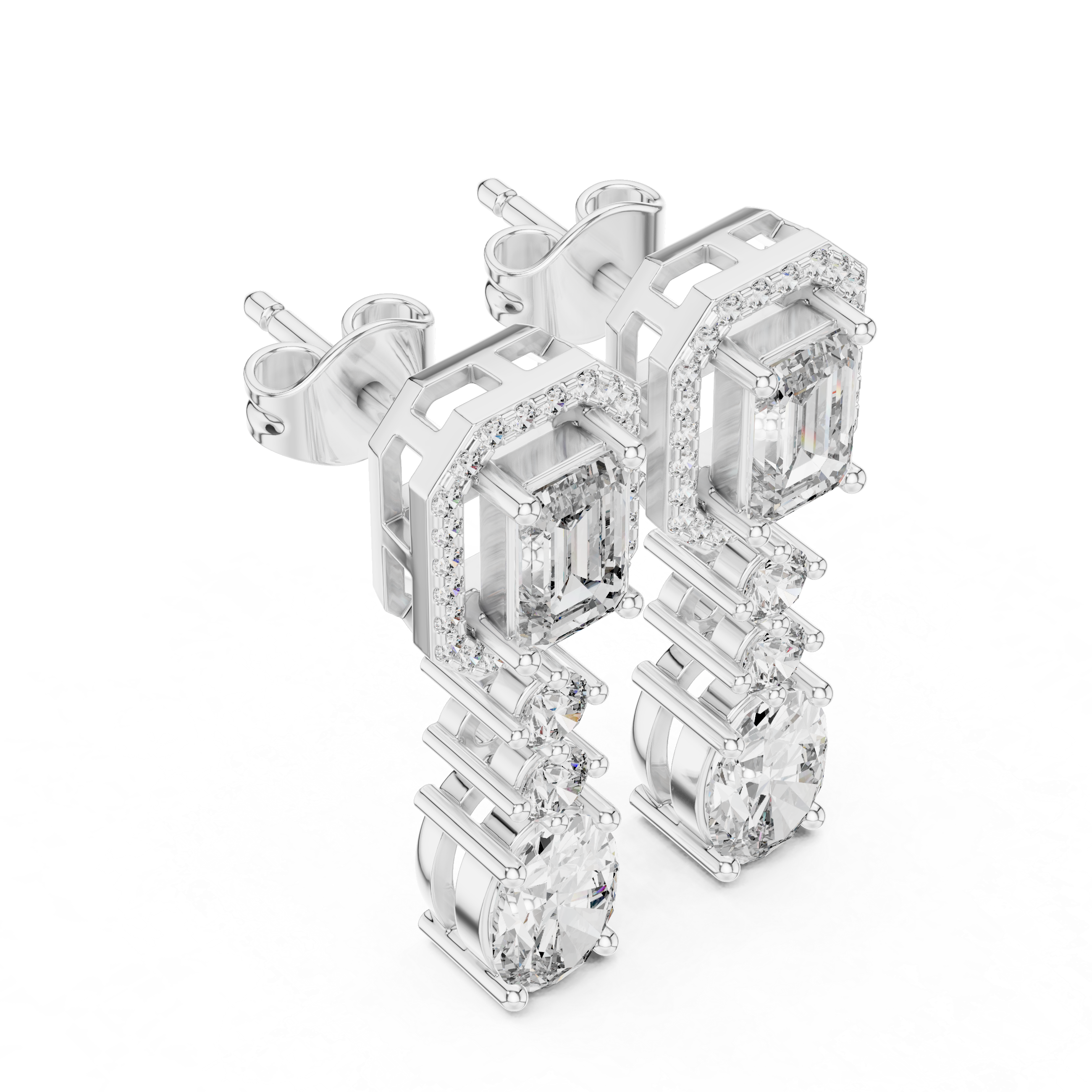 Emerald Cut and Oval Diamond Halo Three Stone Drop Earrings with Round Brilliant Accents