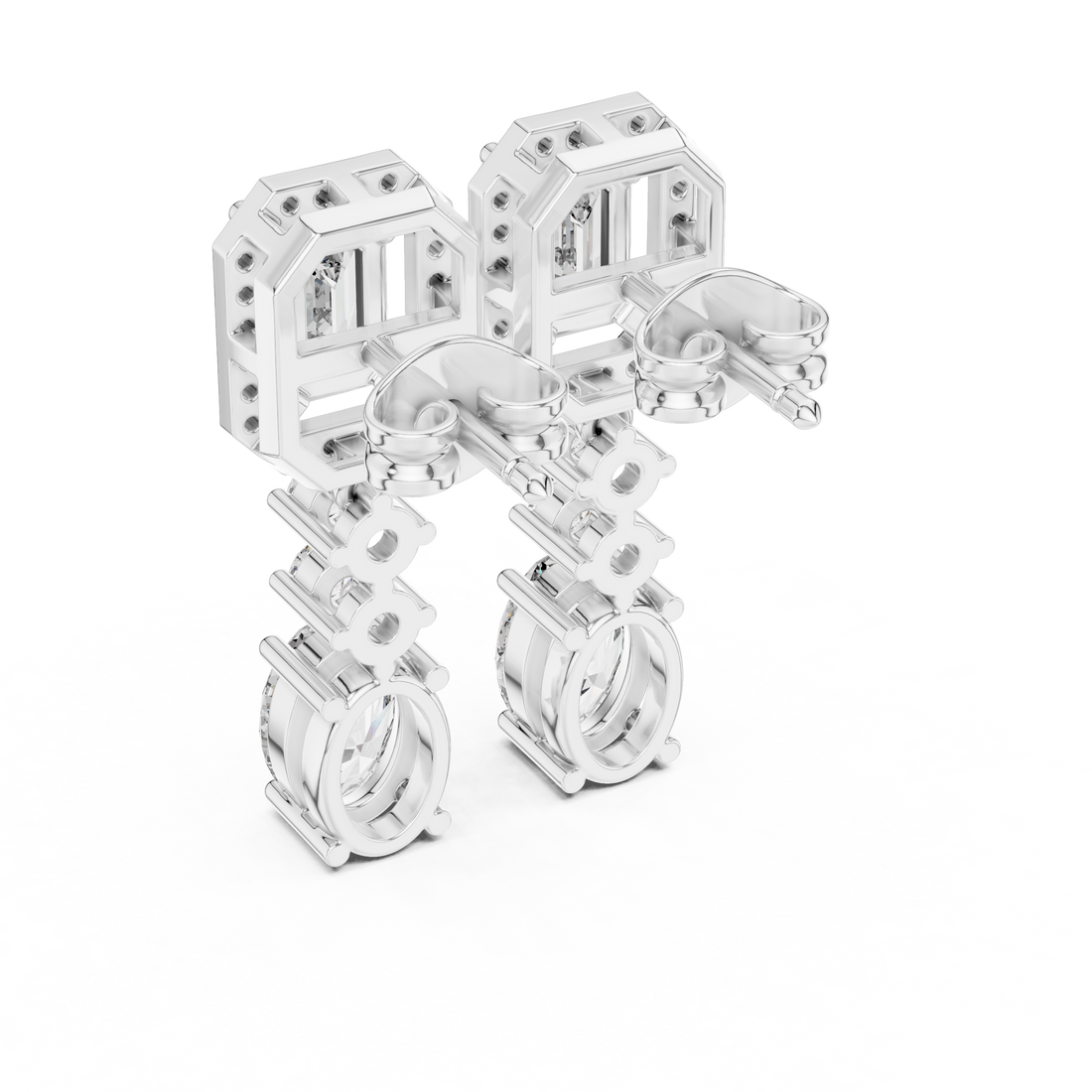 Emerald Cut and Oval Diamond Halo Three Stone Drop Earrings with Round Brilliant Accents