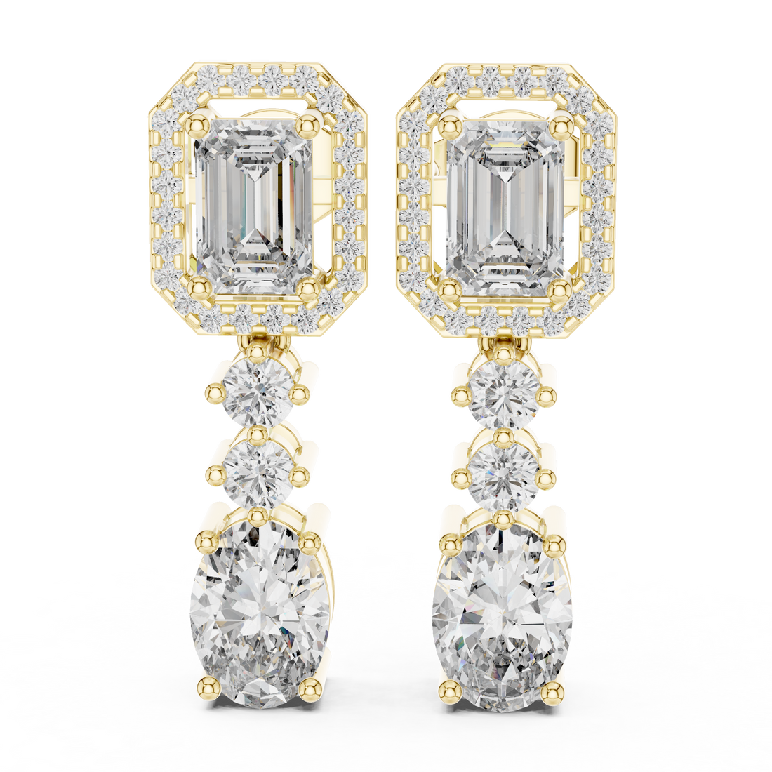 Emerald Cut and Oval Diamond Halo Three Stone Drop Earrings with Round Brilliant Accents