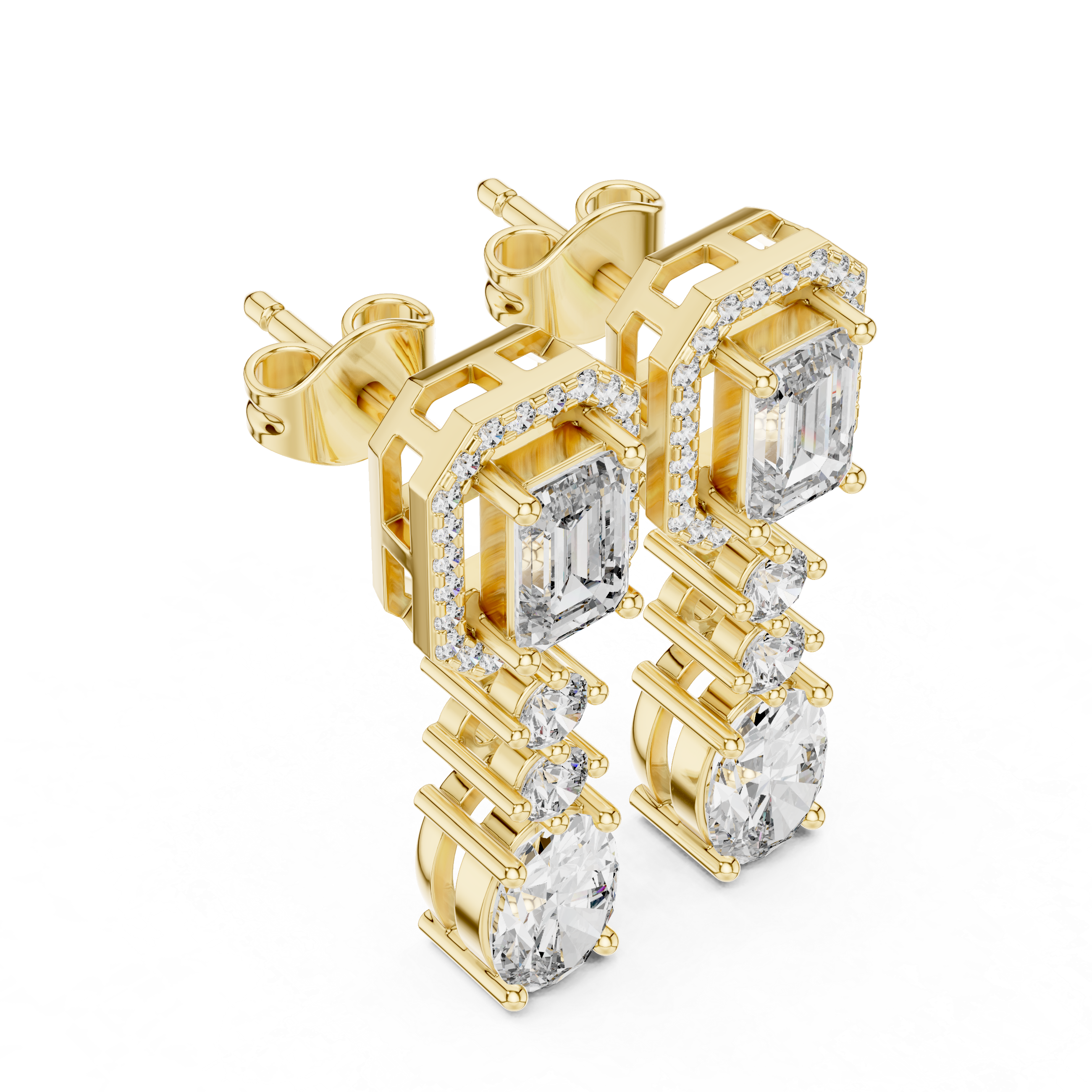 Emerald Cut and Oval Diamond Halo Three Stone Drop Earrings with Round Brilliant Accents