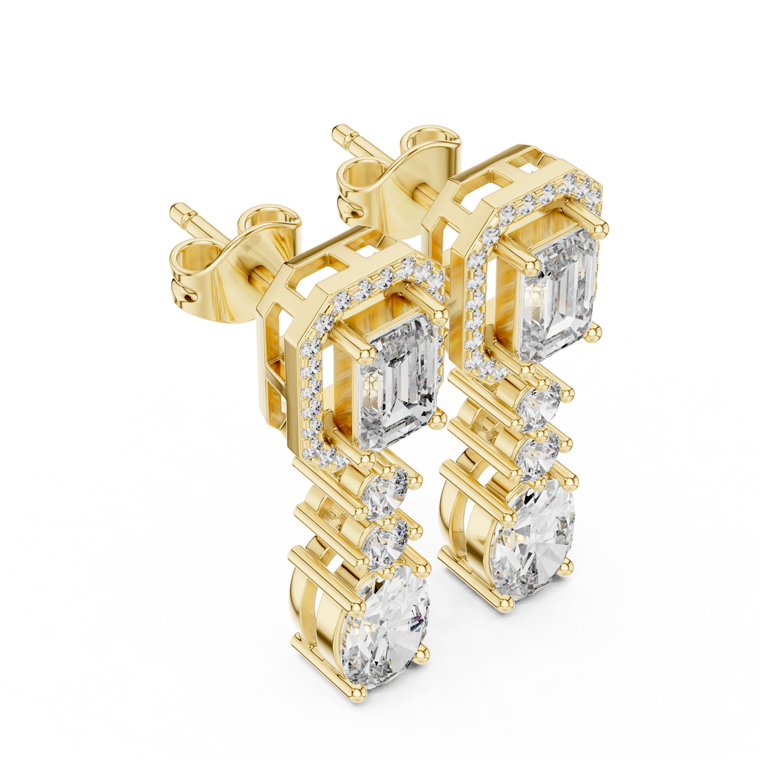 Emerald Cut and Oval Diamond Halo Three Stone Drop Earrings with Round Brilliant Accents