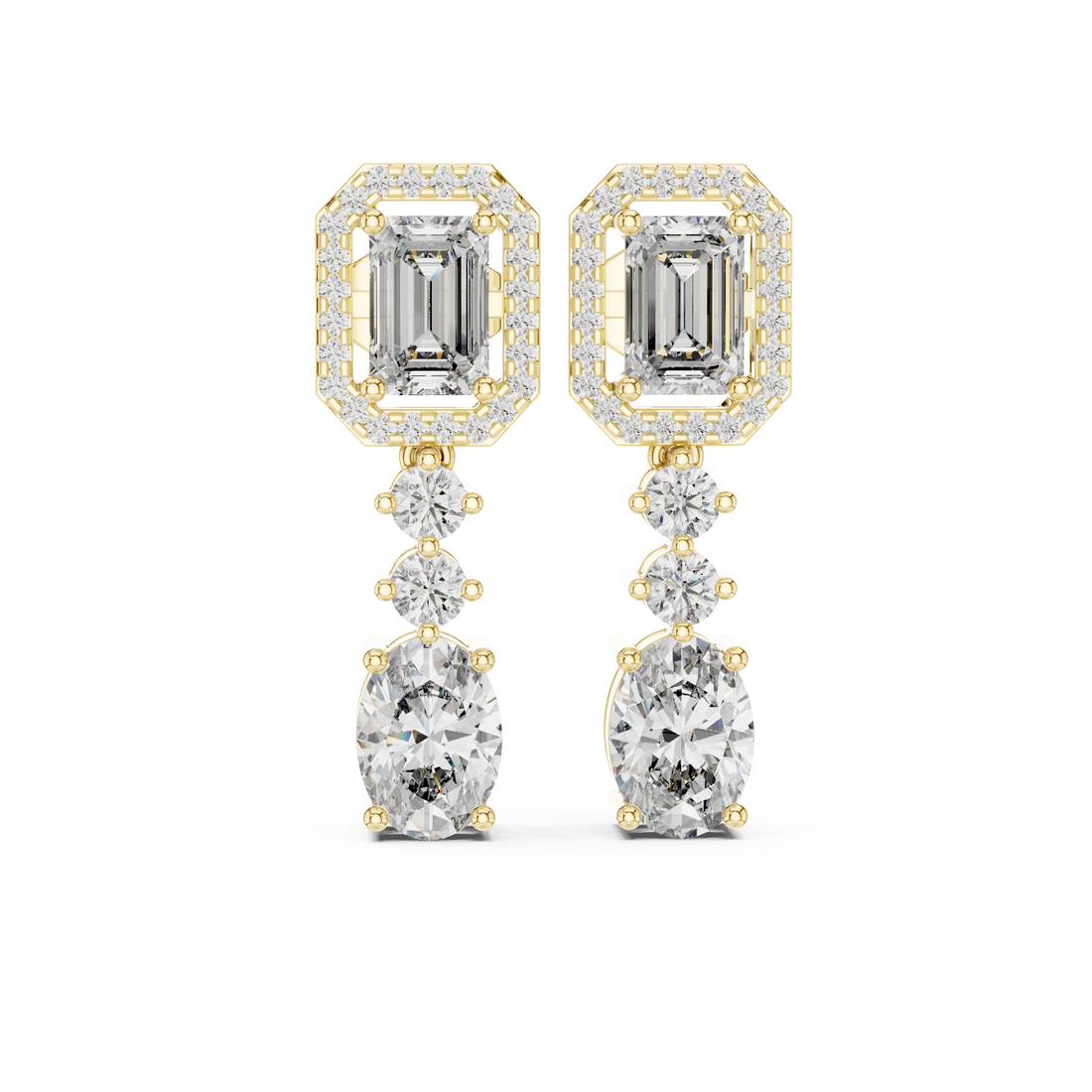 Emerald Cut and Oval Diamond Halo Three Stone Drop Earrings with Round Brilliant Accents