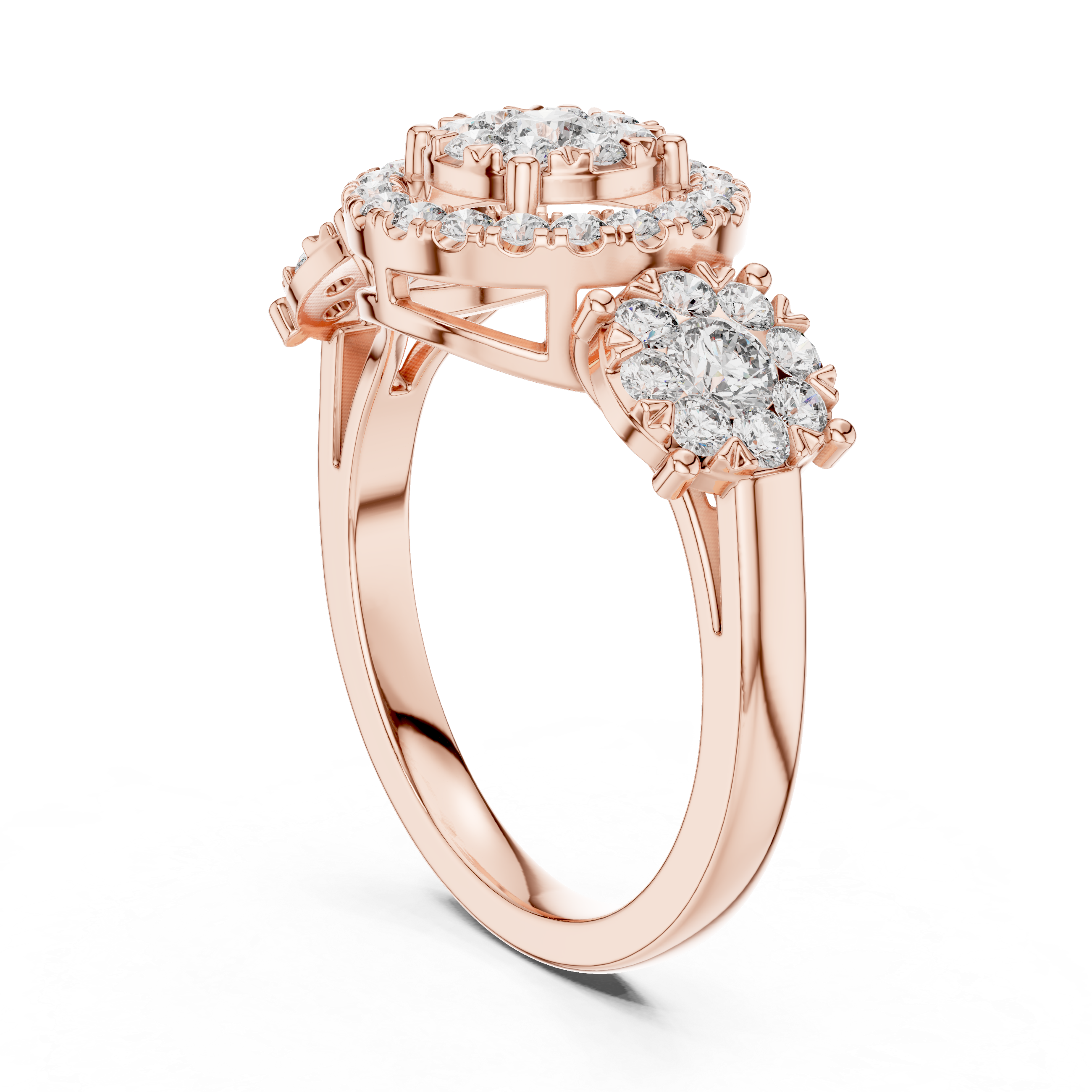 Round Cut Diamond Halo Cluster Three Stone Ring