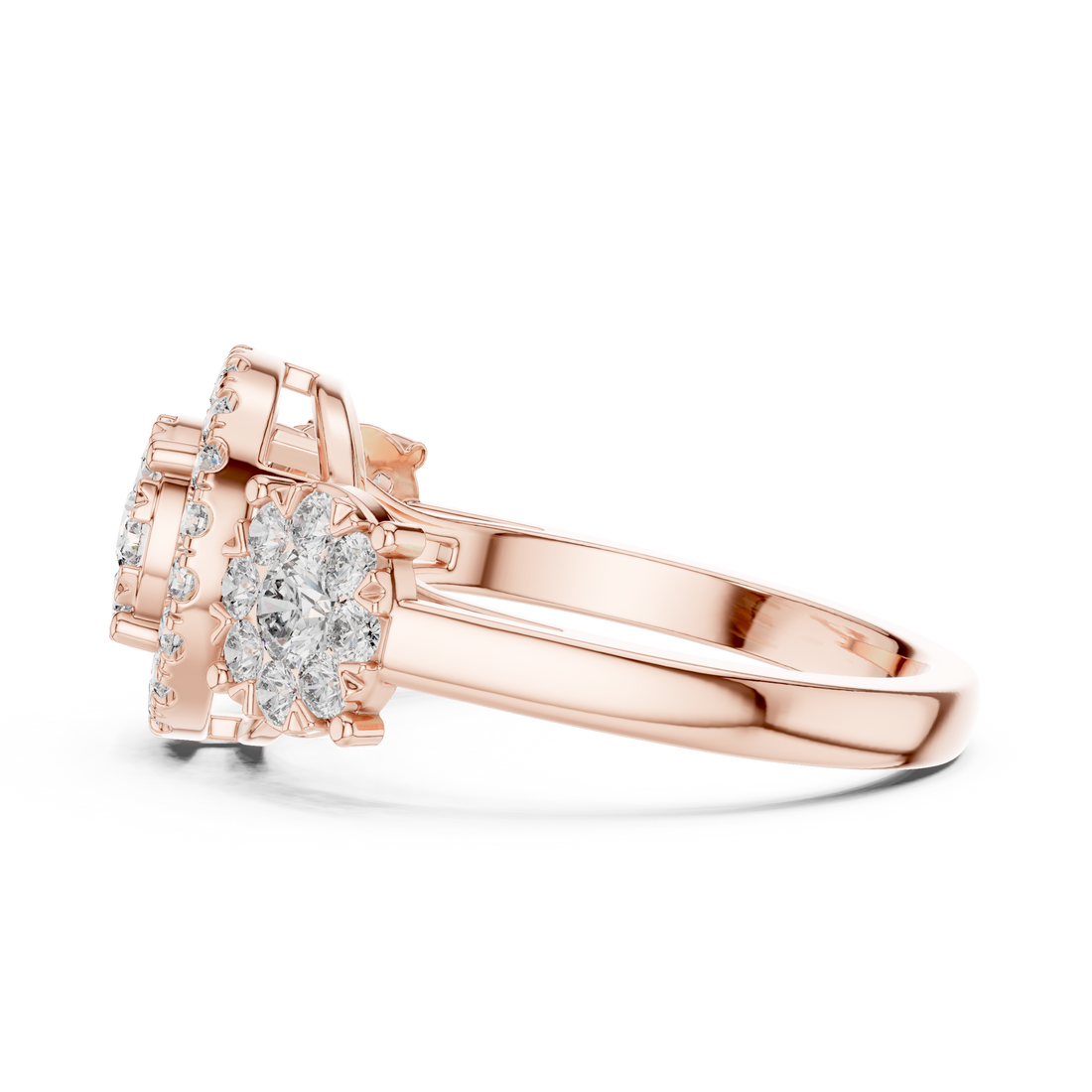 Round Cut Diamond Halo Cluster Three Stone Ring