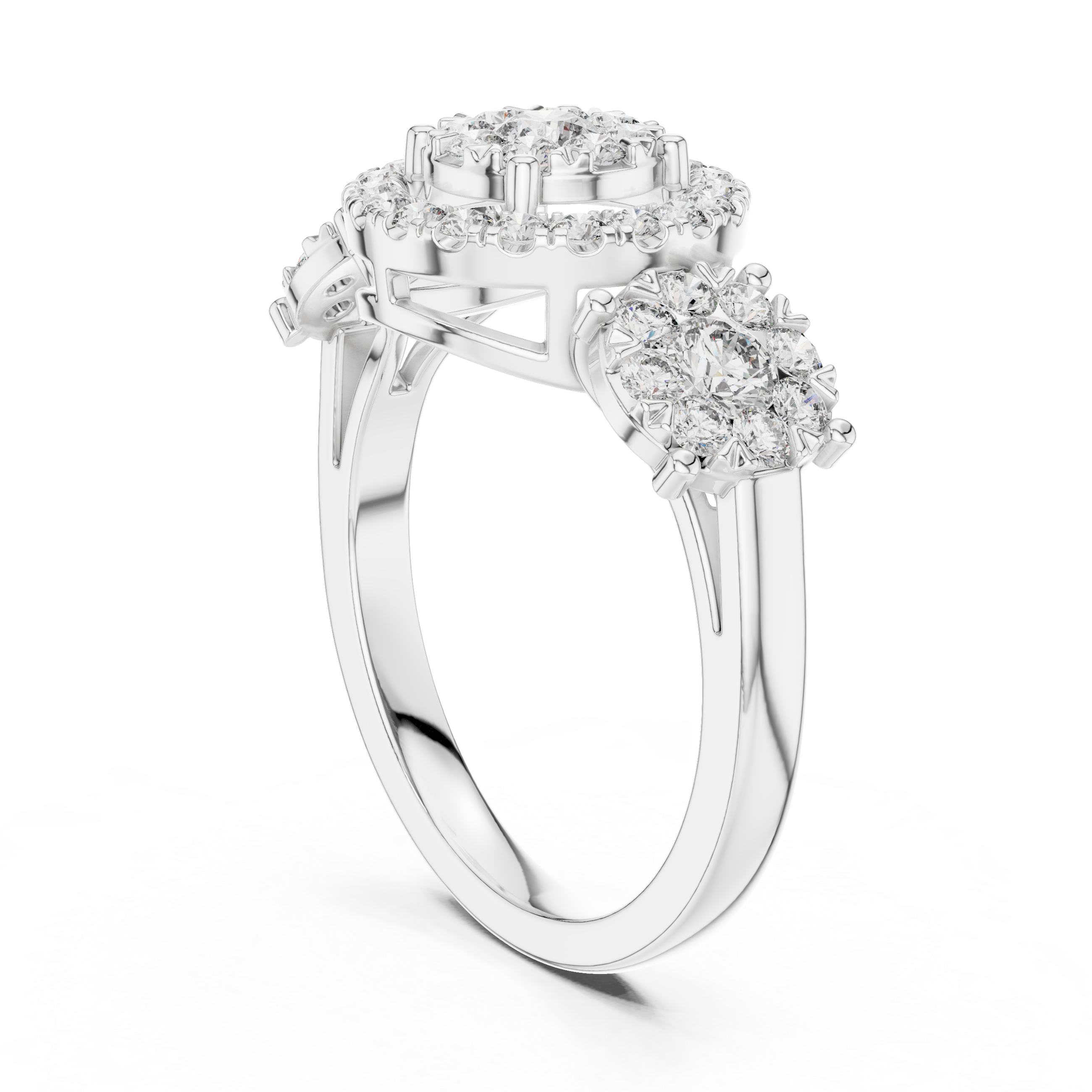 Round Cut Diamond Halo Cluster Three Stone Ring