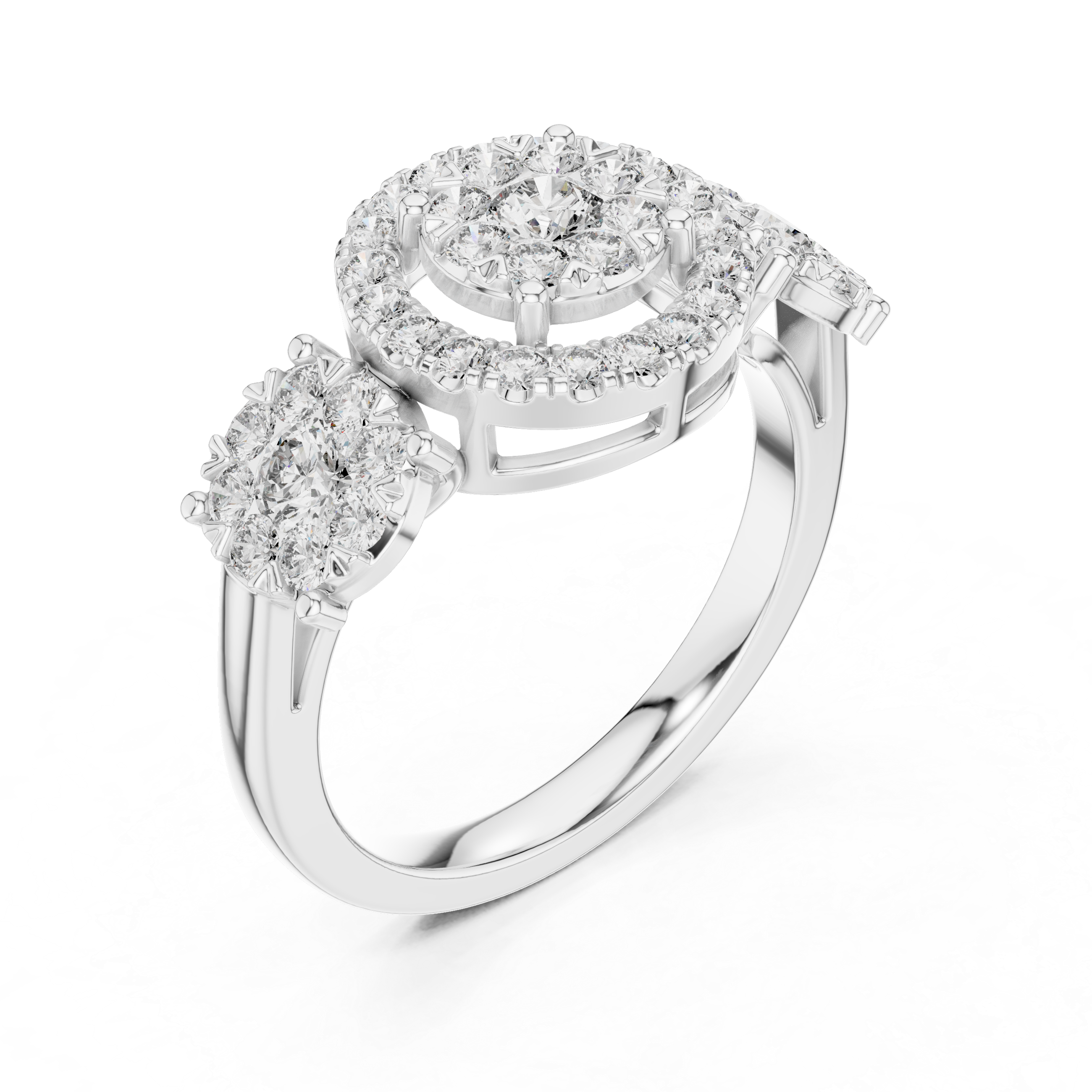 Round Cut Diamond Halo Cluster Three Stone Ring