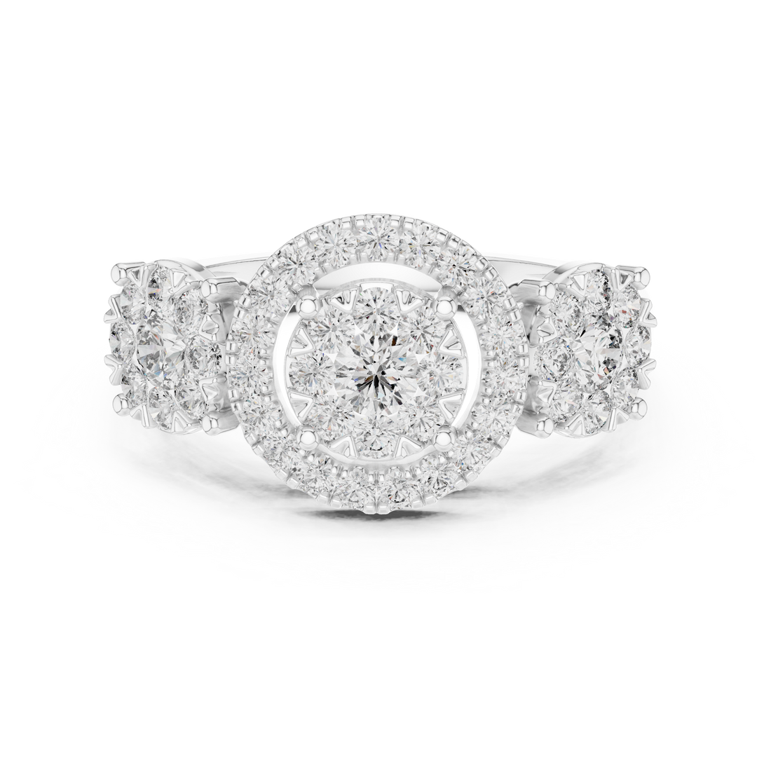 Round Cut Diamond Halo Cluster Three Stone Ring