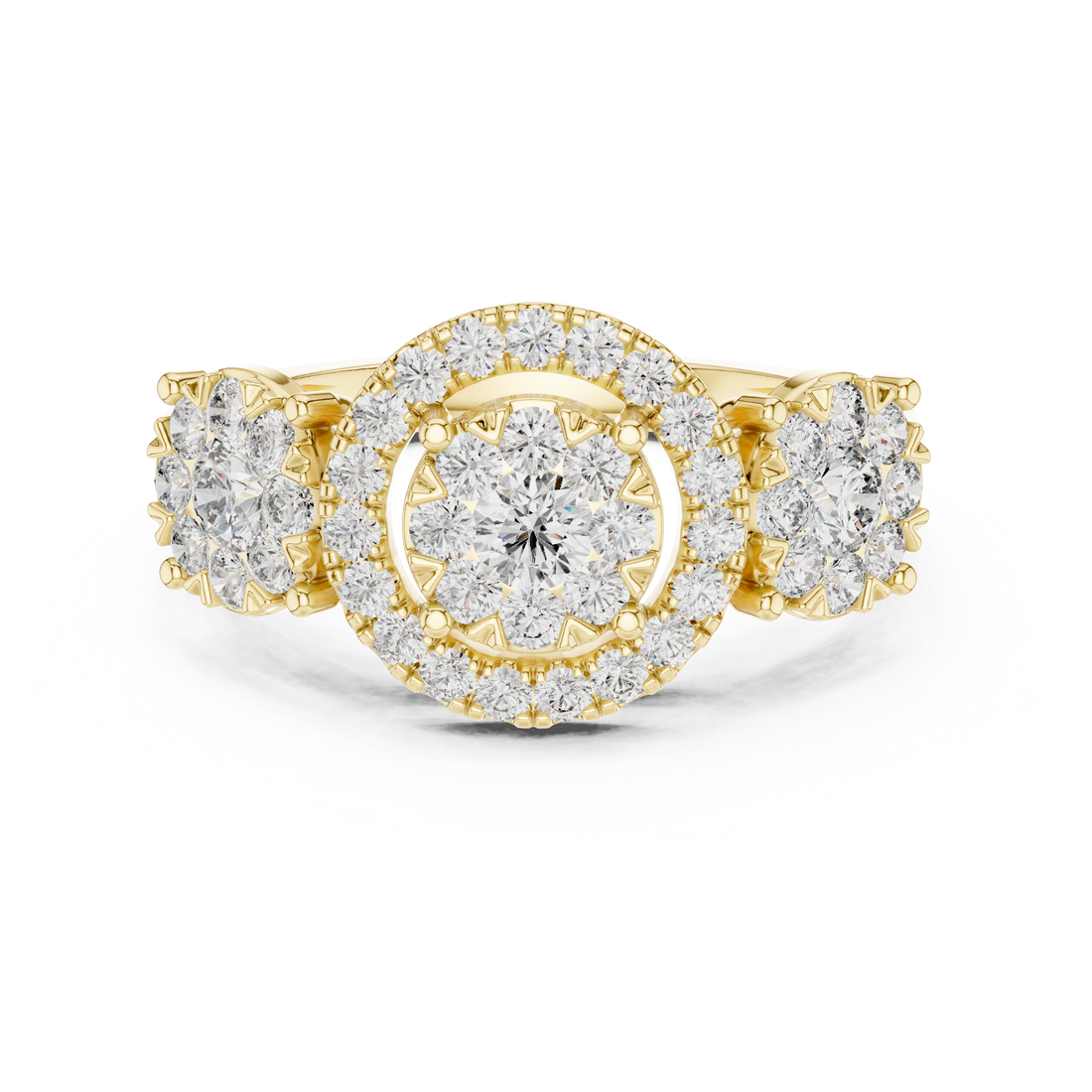 Round Cut Diamond Halo Cluster Three Stone Ring