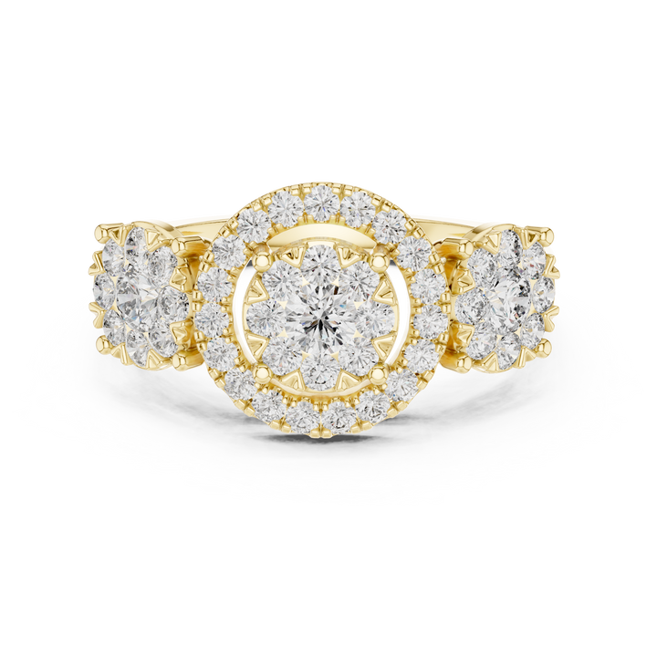 Round Cut Diamond Halo Cluster Three Stone Ring