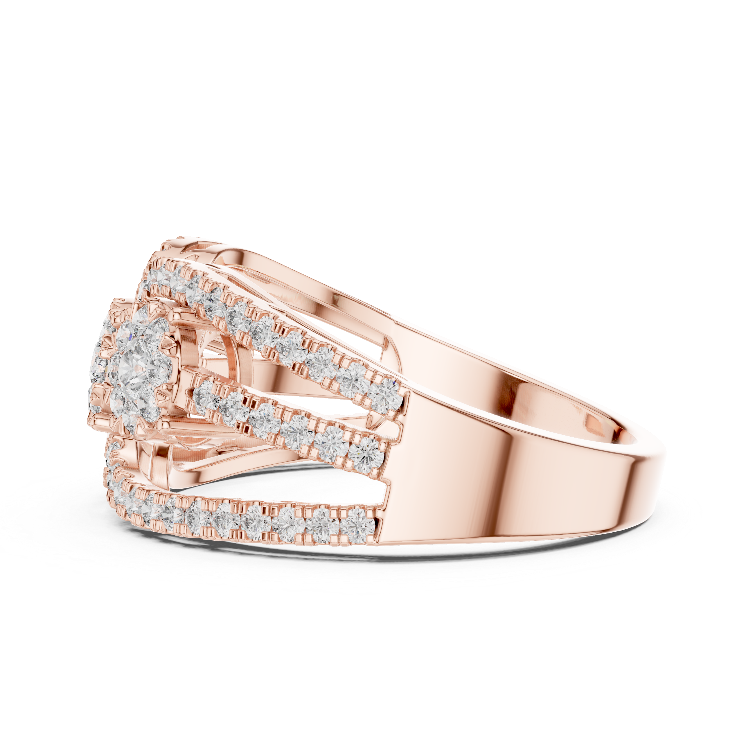 Round Brilliant Diamond Three Stone Halo Band Ring with Pavé Accents