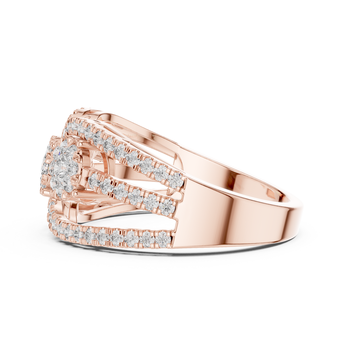 Round Brilliant Diamond Three Stone Halo Band Ring with Pavé Accents