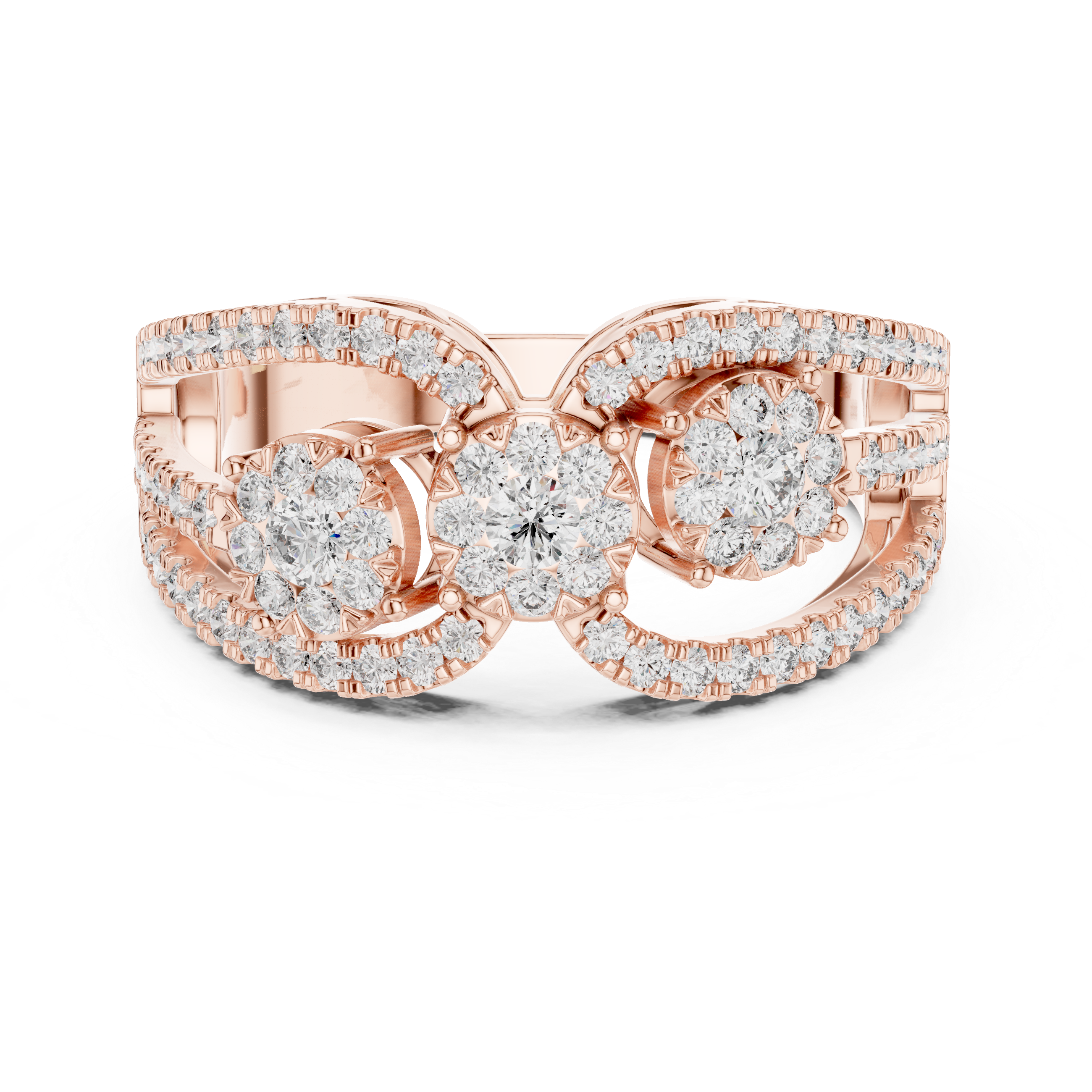 Round Brilliant Diamond Three Stone Halo Band Ring with Pavé Accents