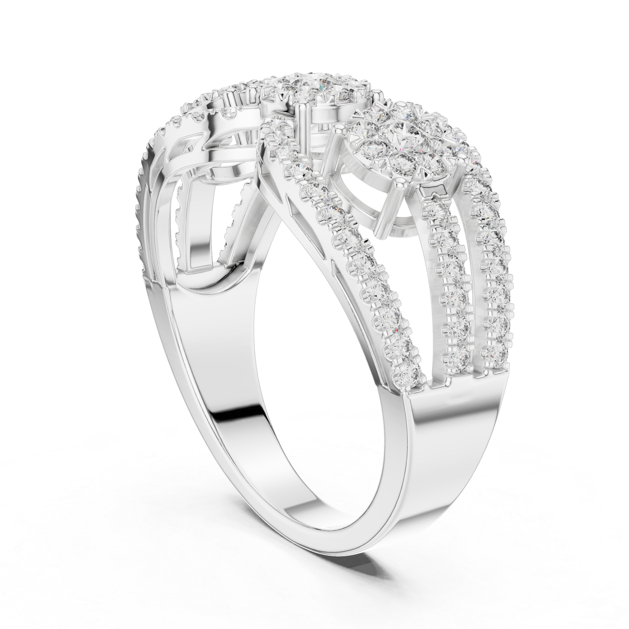 Round Brilliant Diamond Three Stone Halo Band Ring with Pavé Accents