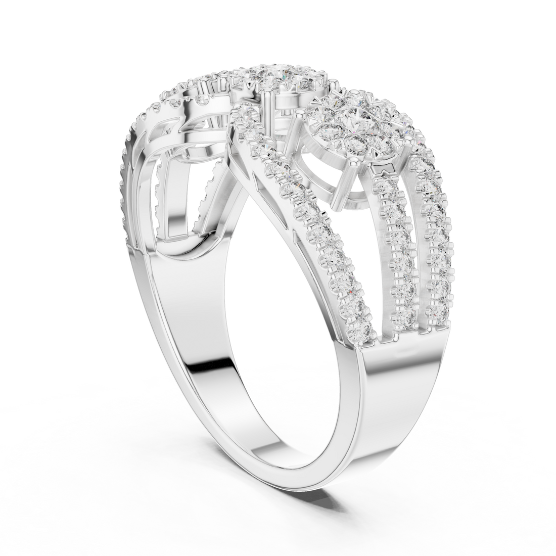 Round Brilliant Diamond Three Stone Halo Band Ring with Pavé Accents