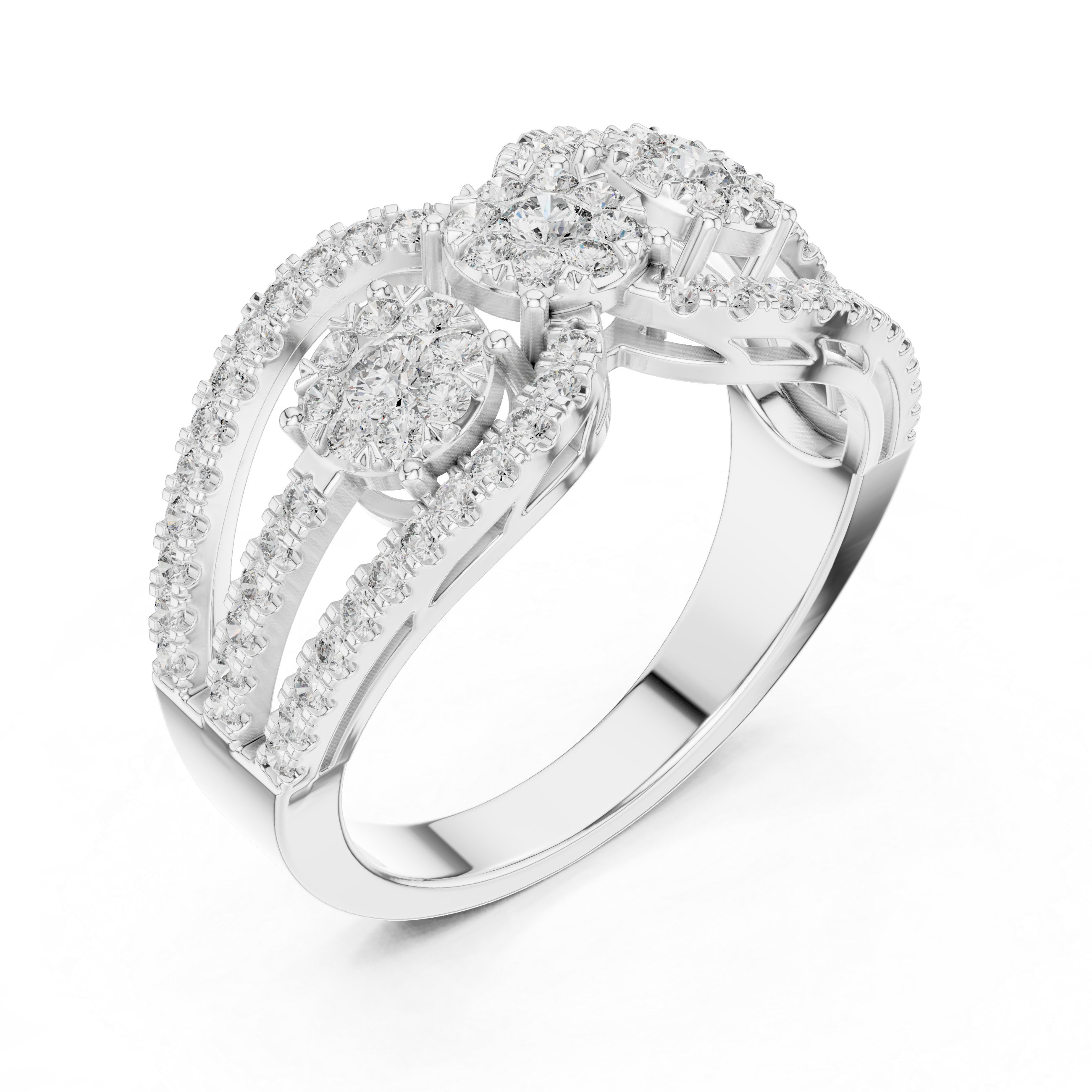 Round Brilliant Diamond Three Stone Halo Band Ring with Pavé Accents