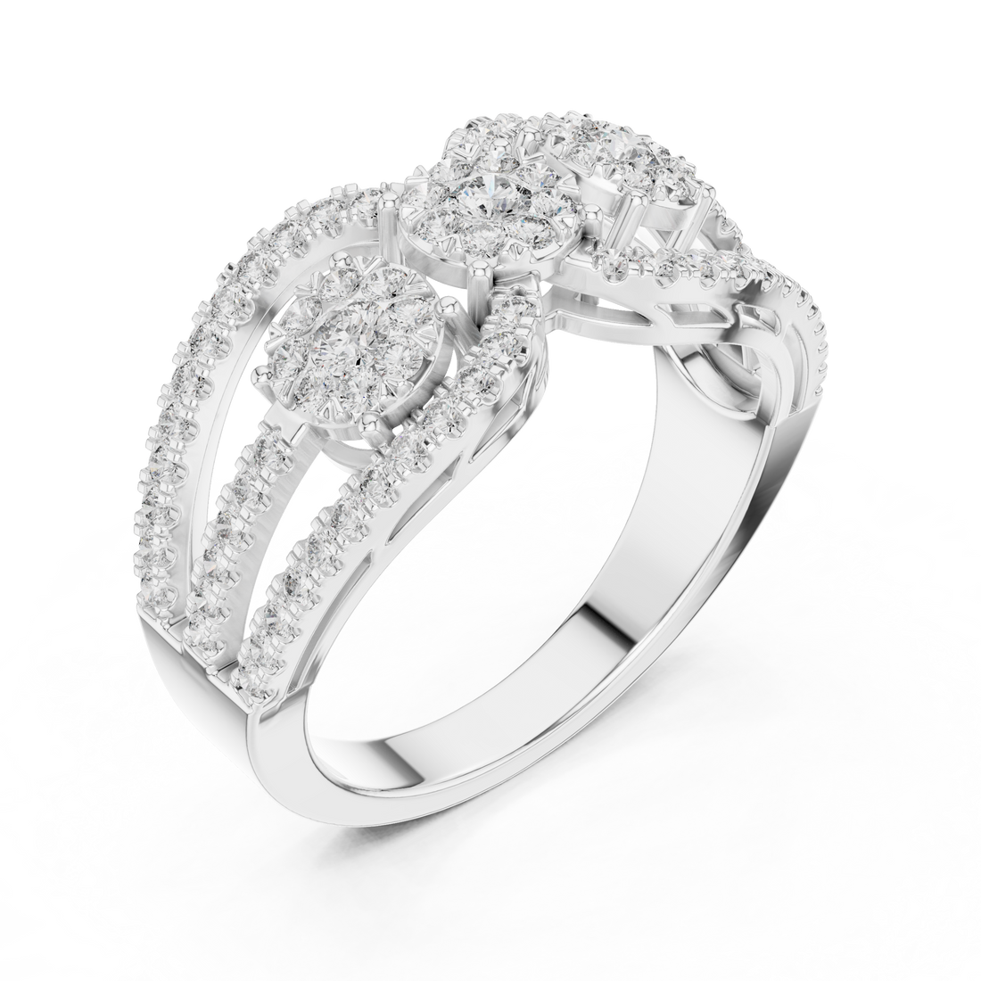 Round Brilliant Diamond Three Stone Halo Band Ring with Pavé Accents