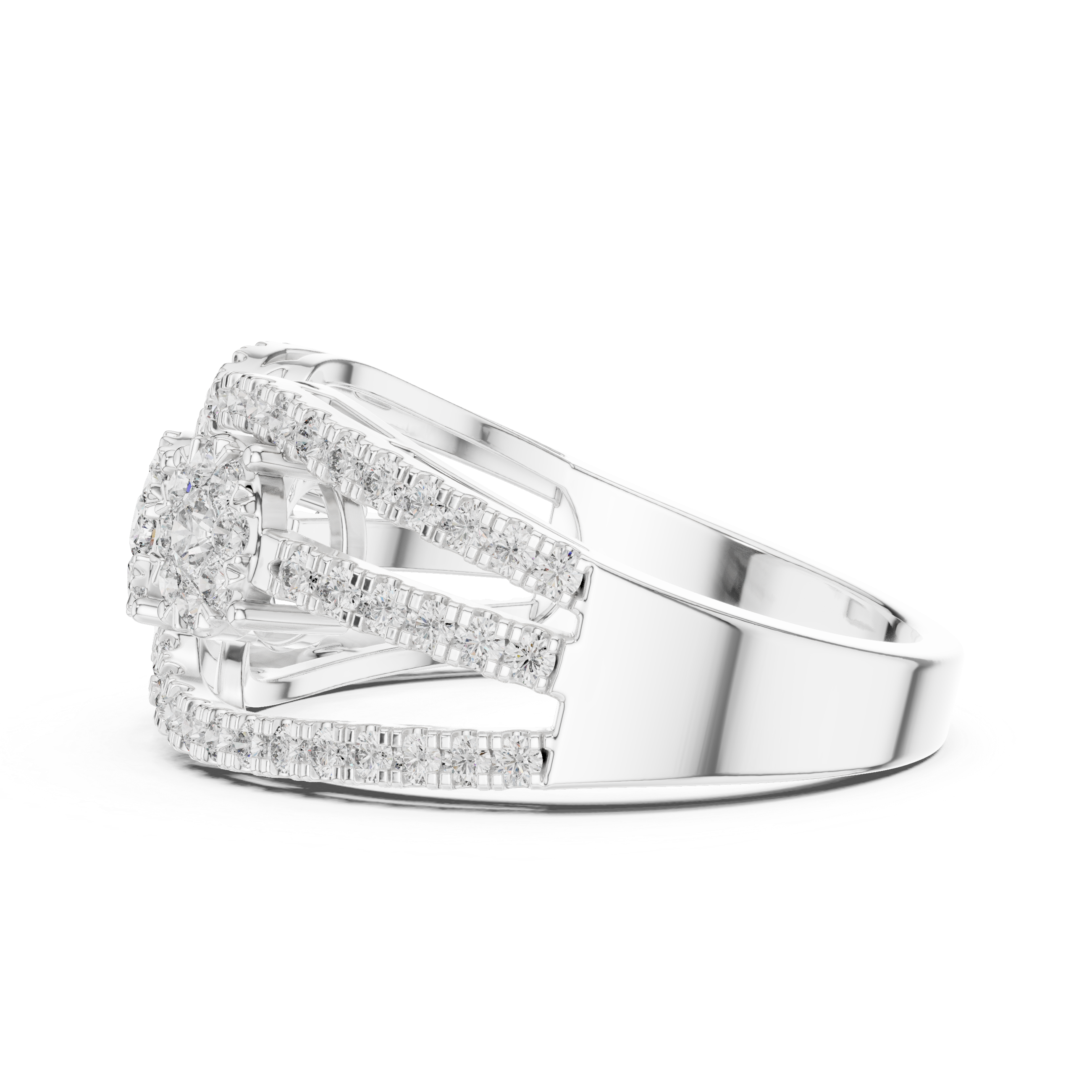 Round Brilliant Diamond Three Stone Halo Band Ring with Pavé Accents
