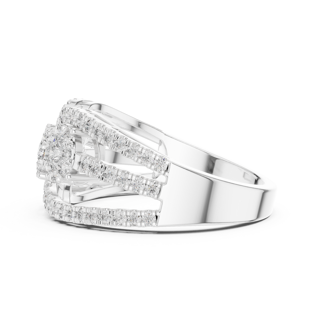 Round Brilliant Diamond Three Stone Halo Band Ring with Pavé Accents