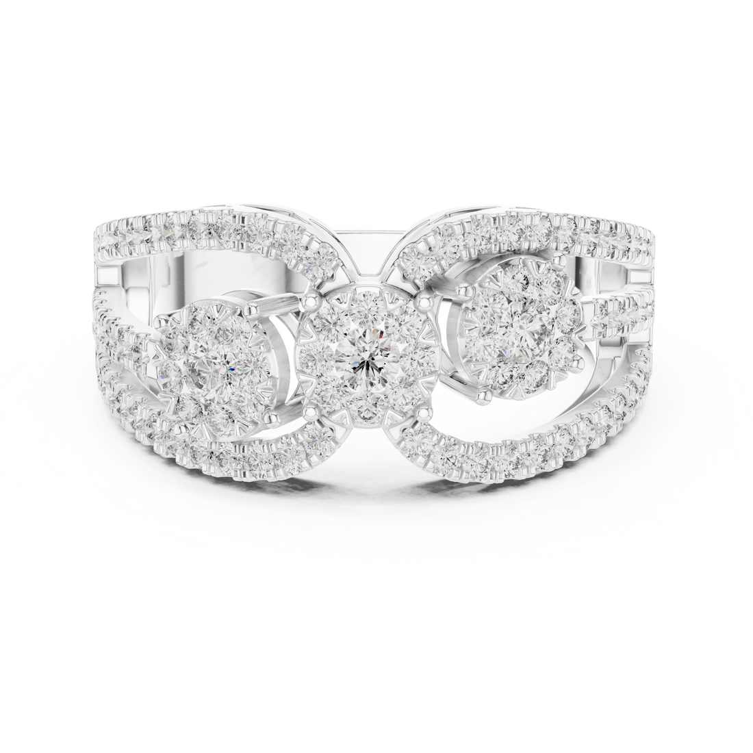 Round Brilliant Diamond Three Stone Halo Band Ring with Pavé Accents