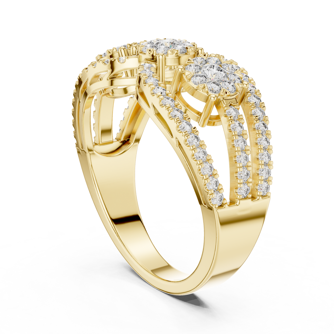 Round Brilliant Diamond Three Stone Halo Band Ring with Pavé Accents