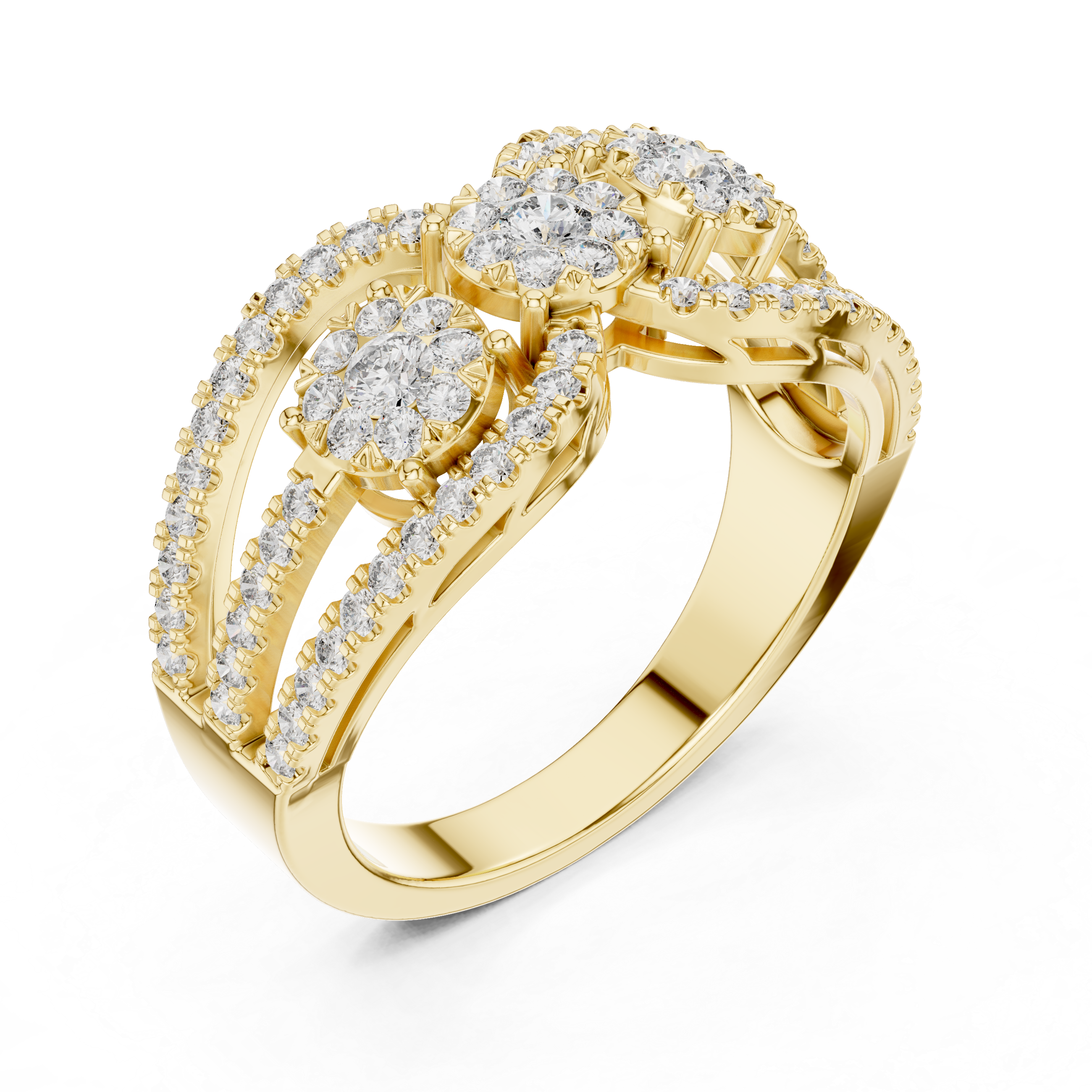 Round Brilliant Diamond Three Stone Halo Band Ring with Pavé Accents