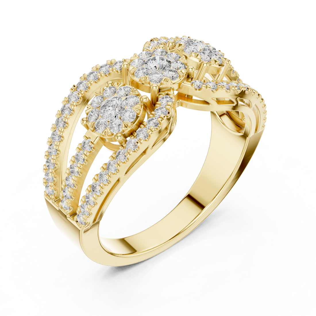 Round Brilliant Diamond Three Stone Halo Band Ring with Pavé Accents